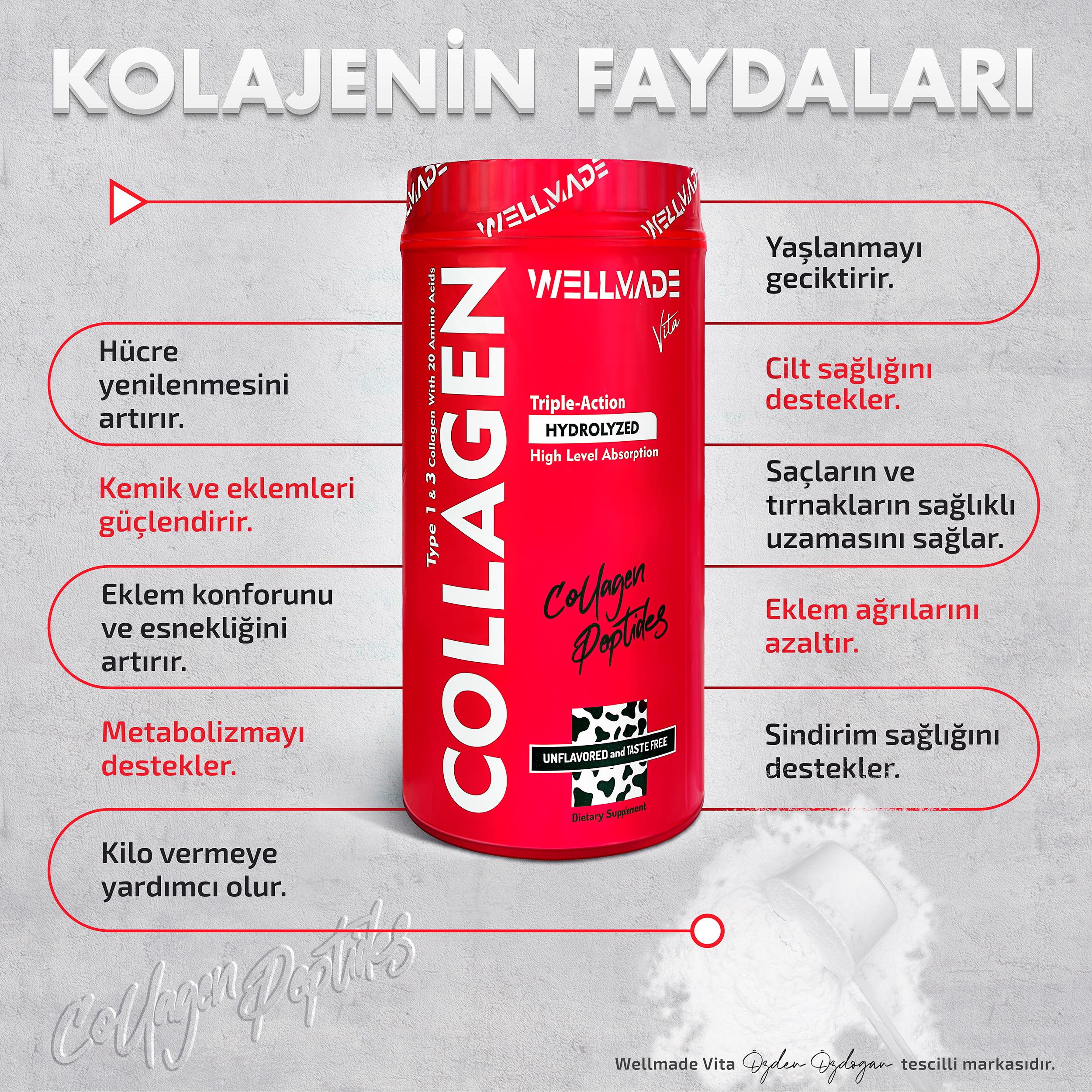 %100 Saf Kolajen Peptit 20 Aminoasit İçeren Takviye Edici Gıda-500gr (50 günlük)