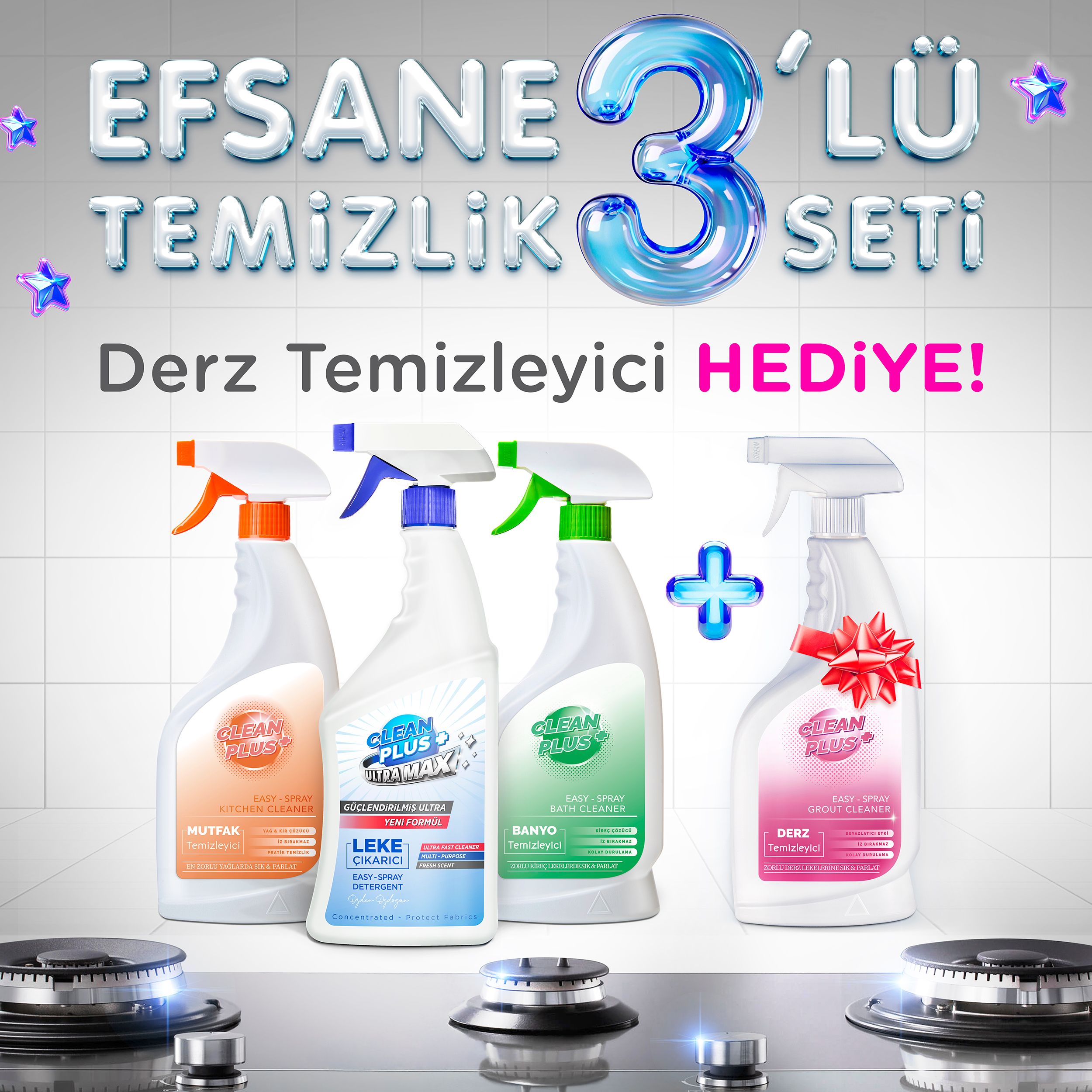 Clean Plus+ Efsane 3'lü Temizlik Seti Mutfak Temizleyici, Leke Çıkarıcı ve Banyo Temizleyici