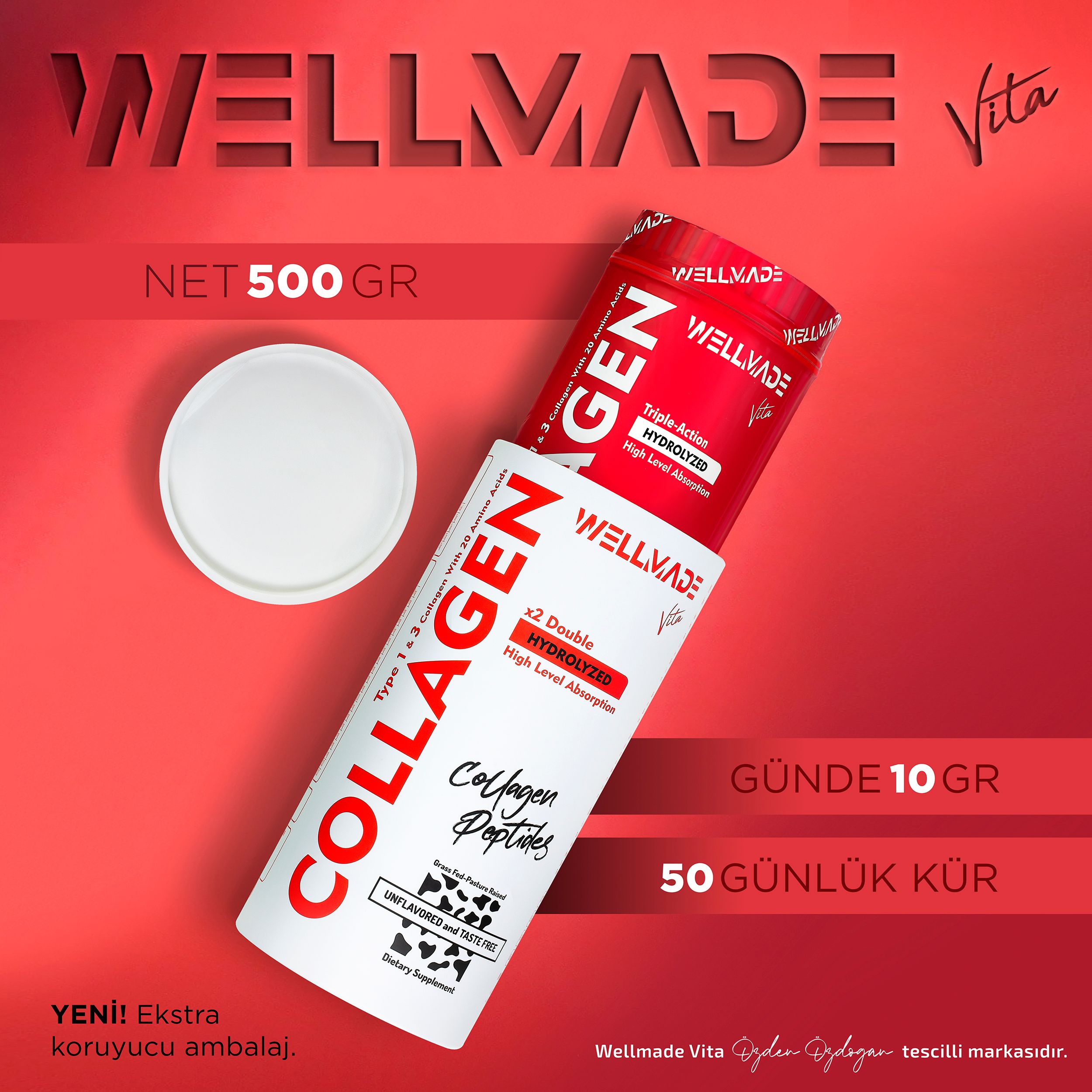 %100 Saf Kolajen Peptit 20 Aminoasit İçeren Takviye Edici Gıda-500gr (50 günlük)
