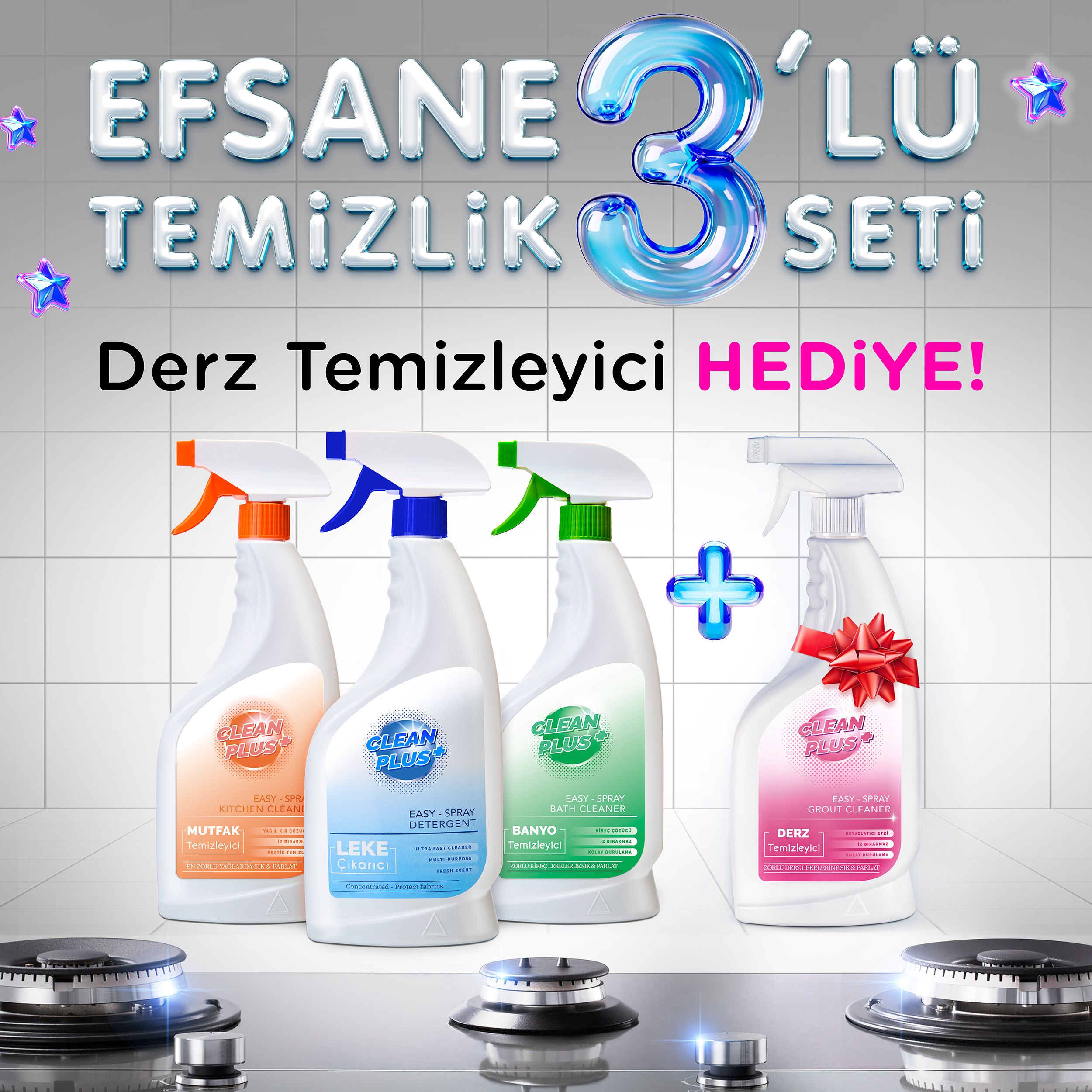 Clean Plus+ Efsane 3'lü Temizlik Seti Mutfak Temizleyici, Leke Çıkarıcı ve Banyo Temizleyici