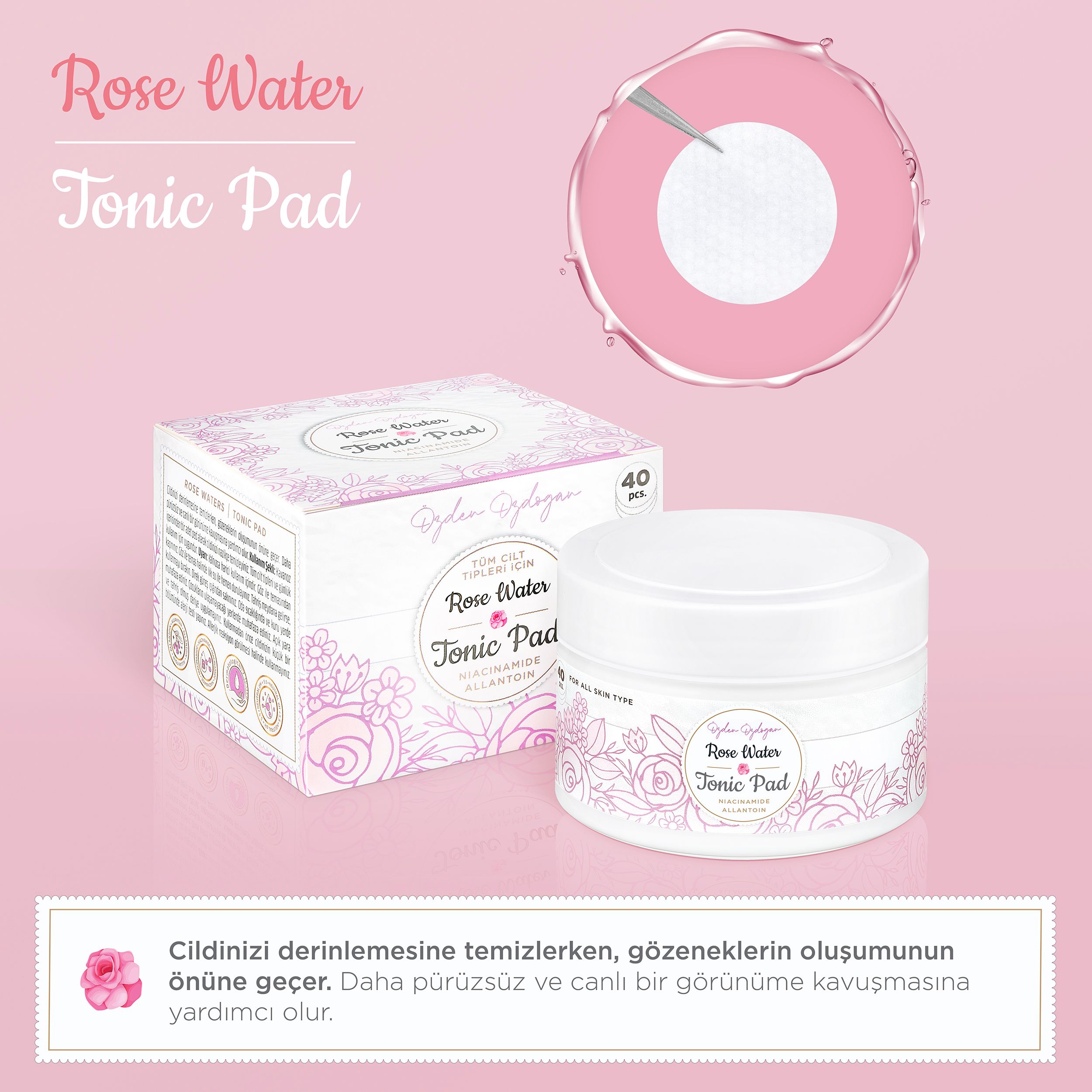 Rose Water Niacinamide ve Allantoin İçerikli Gözenek Sıkılaştırıcı Tonik Ped (40 Adet Ped)
