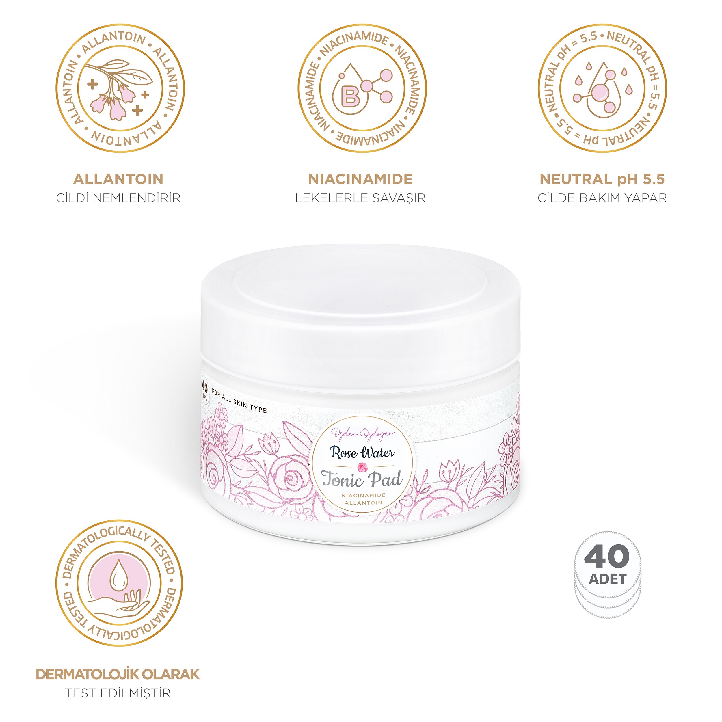 Rose Water Niacinamide ve Allantoin İçerikli Gözenek Sıkılaştırıcı Tonik Ped (40 Adet Ped)