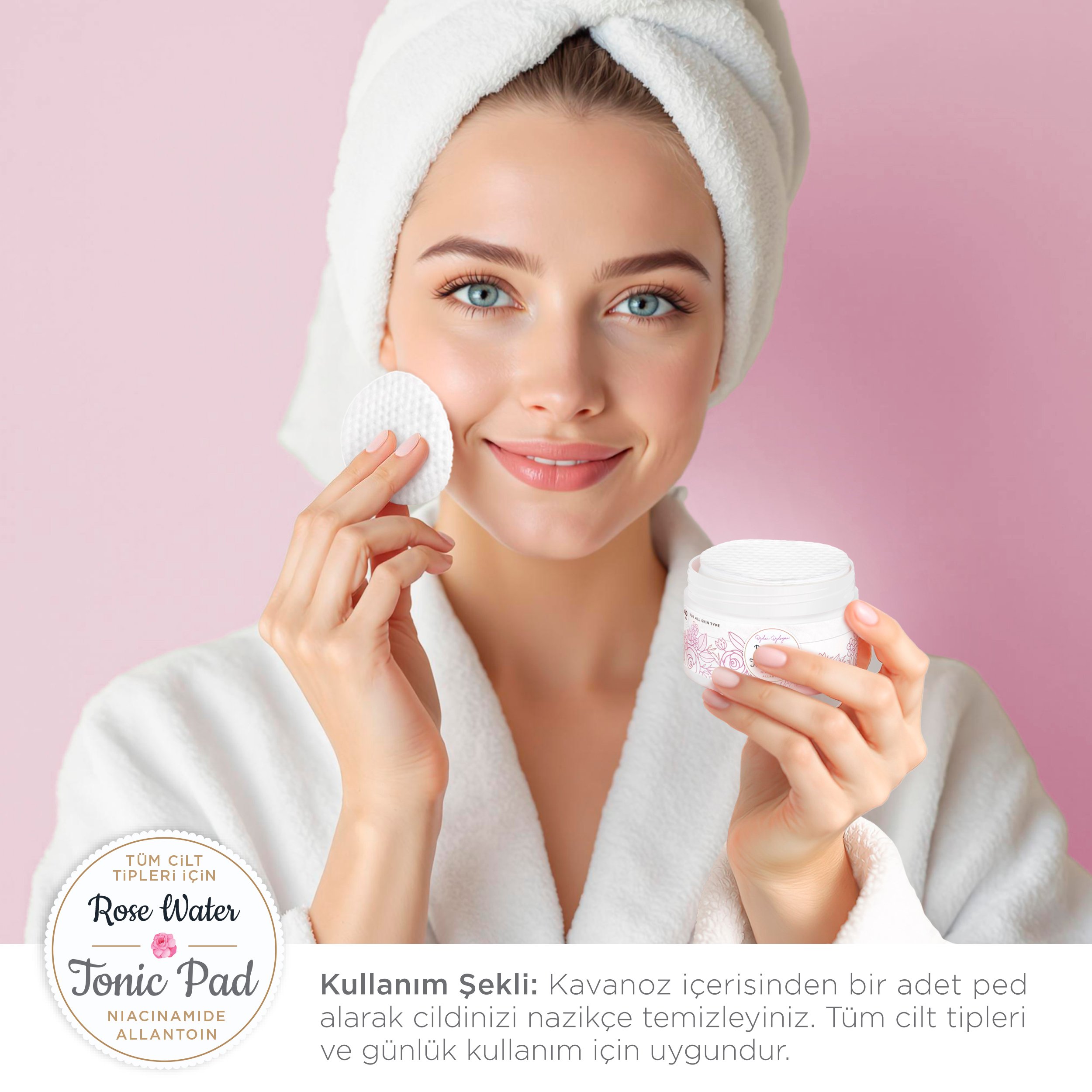 Rose Water Niacinamide ve Allantoin İçerikli Gözenek Sıkılaştırıcı Tonik Ped (40 Adet Ped)