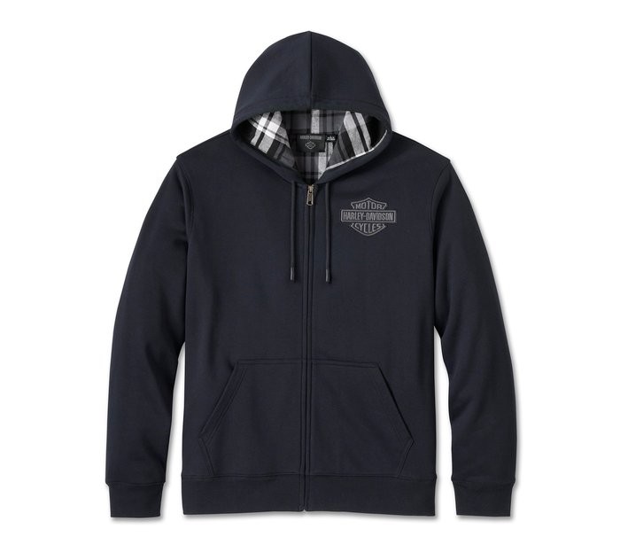 Men's Bar & Shield Plaid Lined Zip-Up Hoodie - Harley Black Men's Bar & Shield Plaid Lined Zip-Up Hoodie - Harley Black