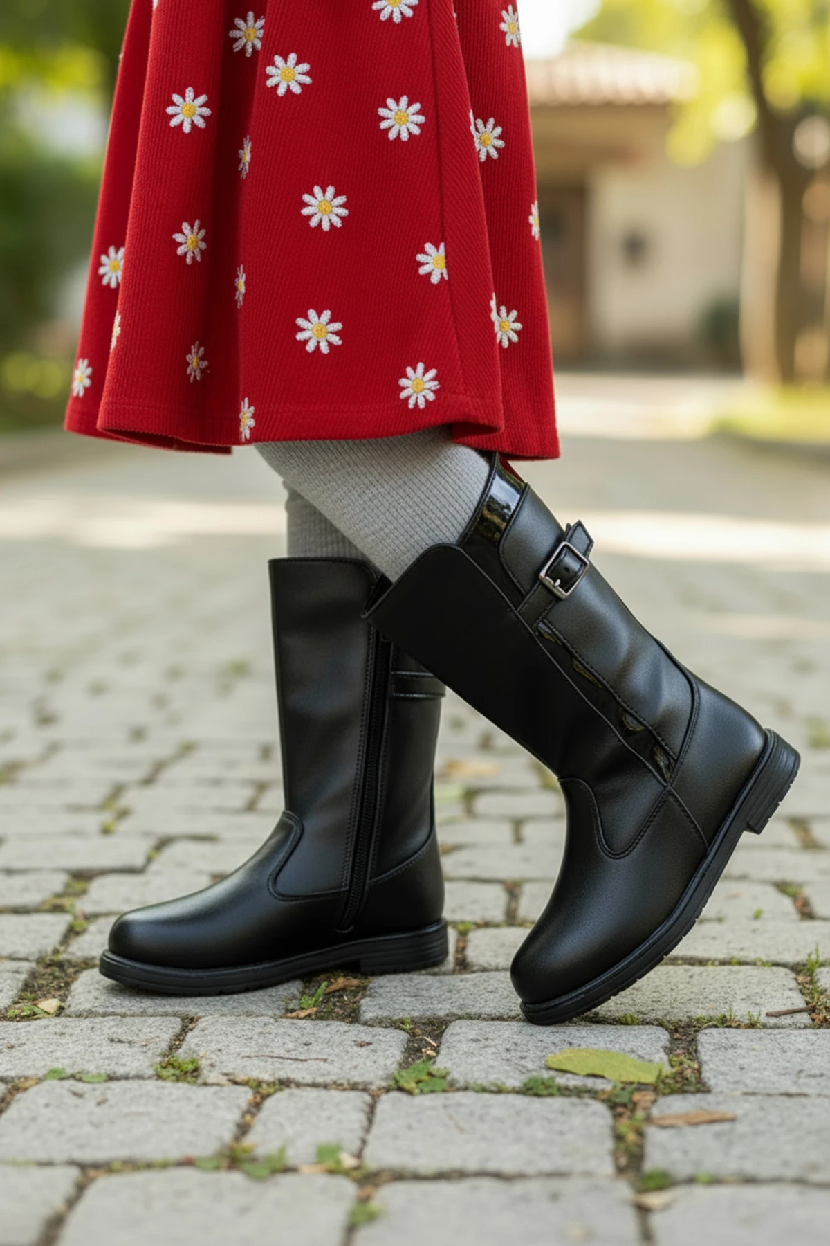 Kız Çocuk Siyah Kışlık Deri Bot – Su Geçirmez, Fermuarlı ve Tokalı, Kaymaz Taban, Sıcak Astar