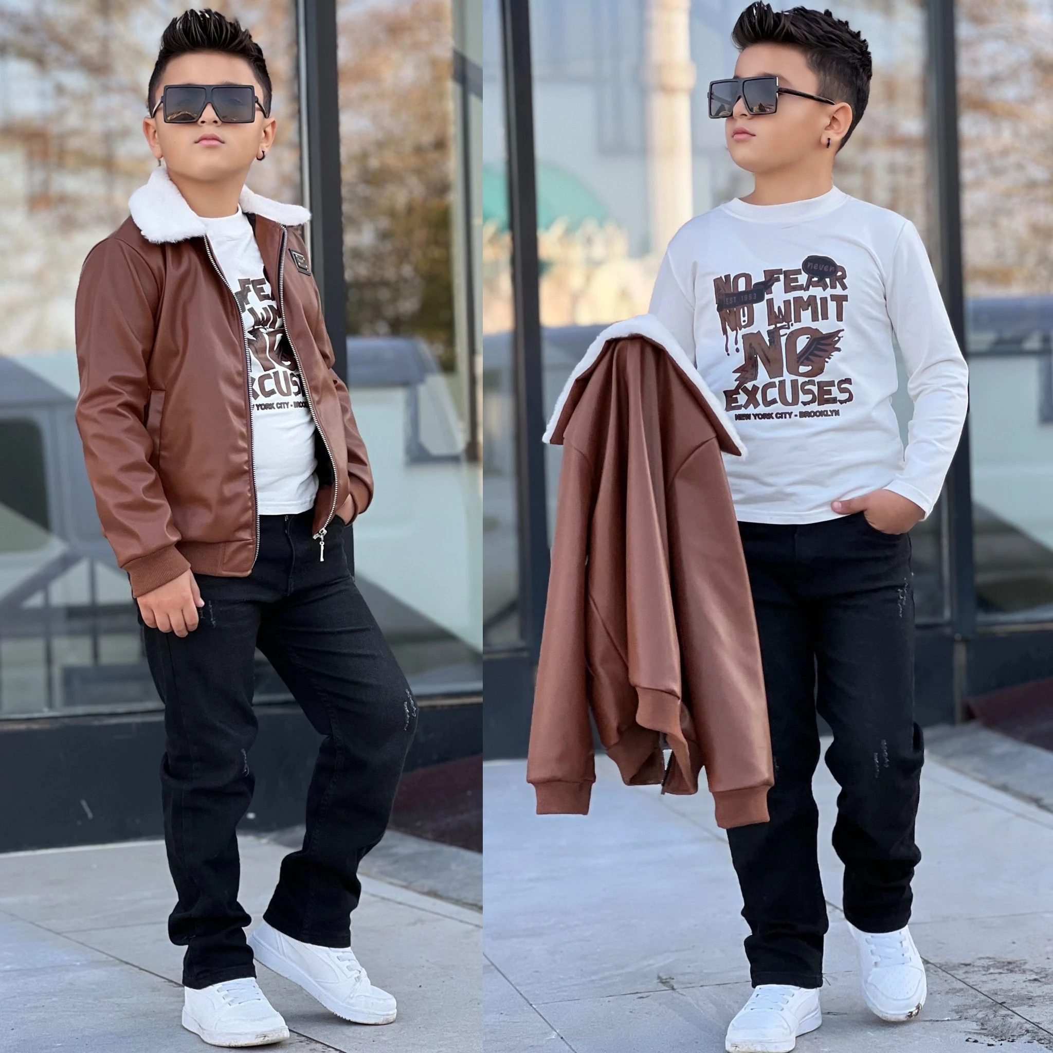 Erkek Çocuk Deri Ceketli Takım