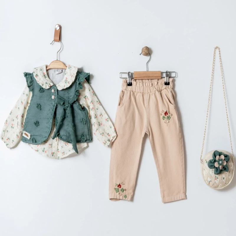 Kız Çocuk Pantolon Gömlek Yelek Çanta 4 Lü Takım