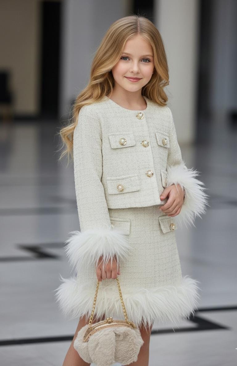 Kız Çocuk Çantalı Etekli Takım - Beyaz