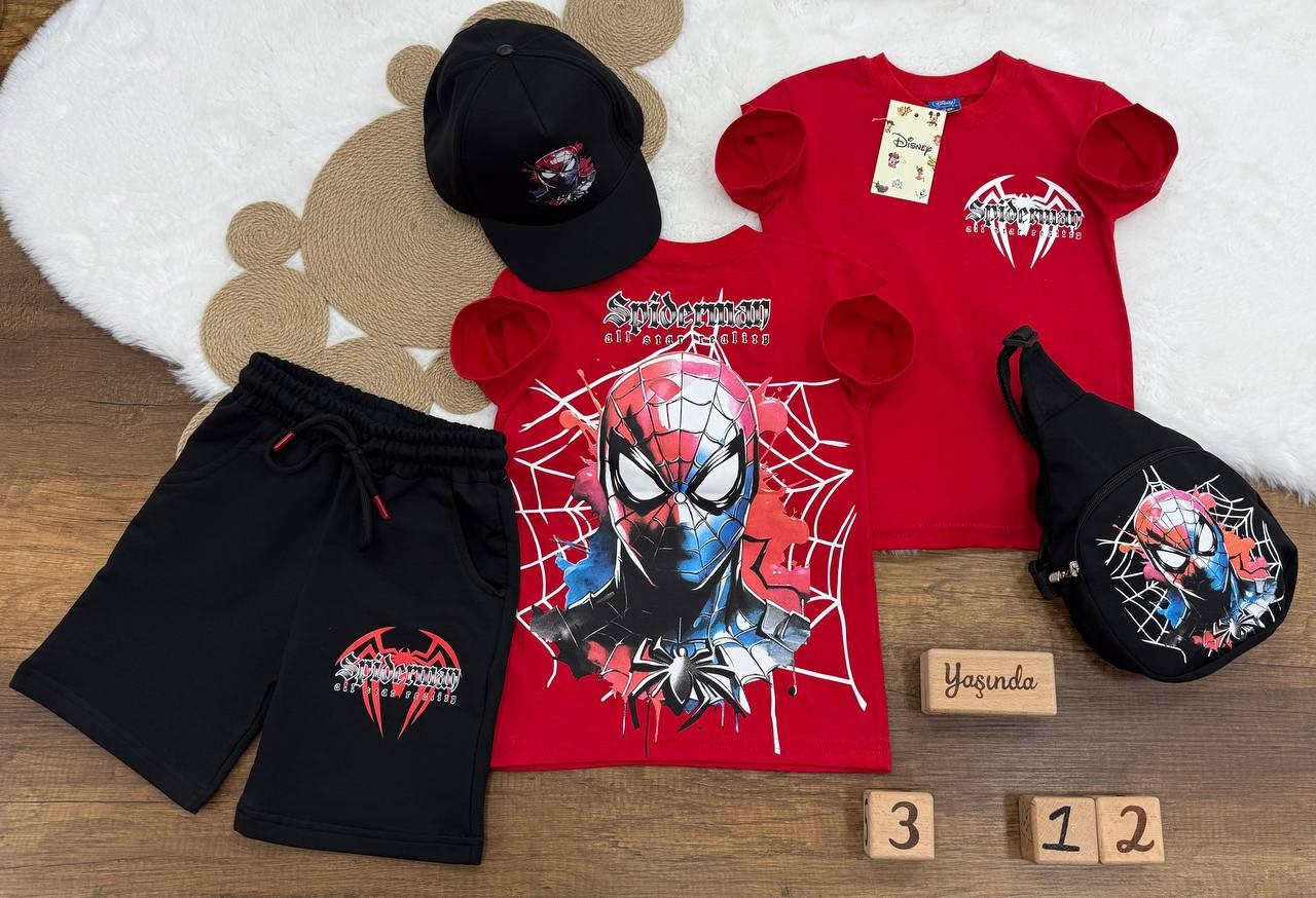 Erkek Çocuk Spiderman Şortlu Çantalı ve Şapkalı 4 Parça Takım - Siyah