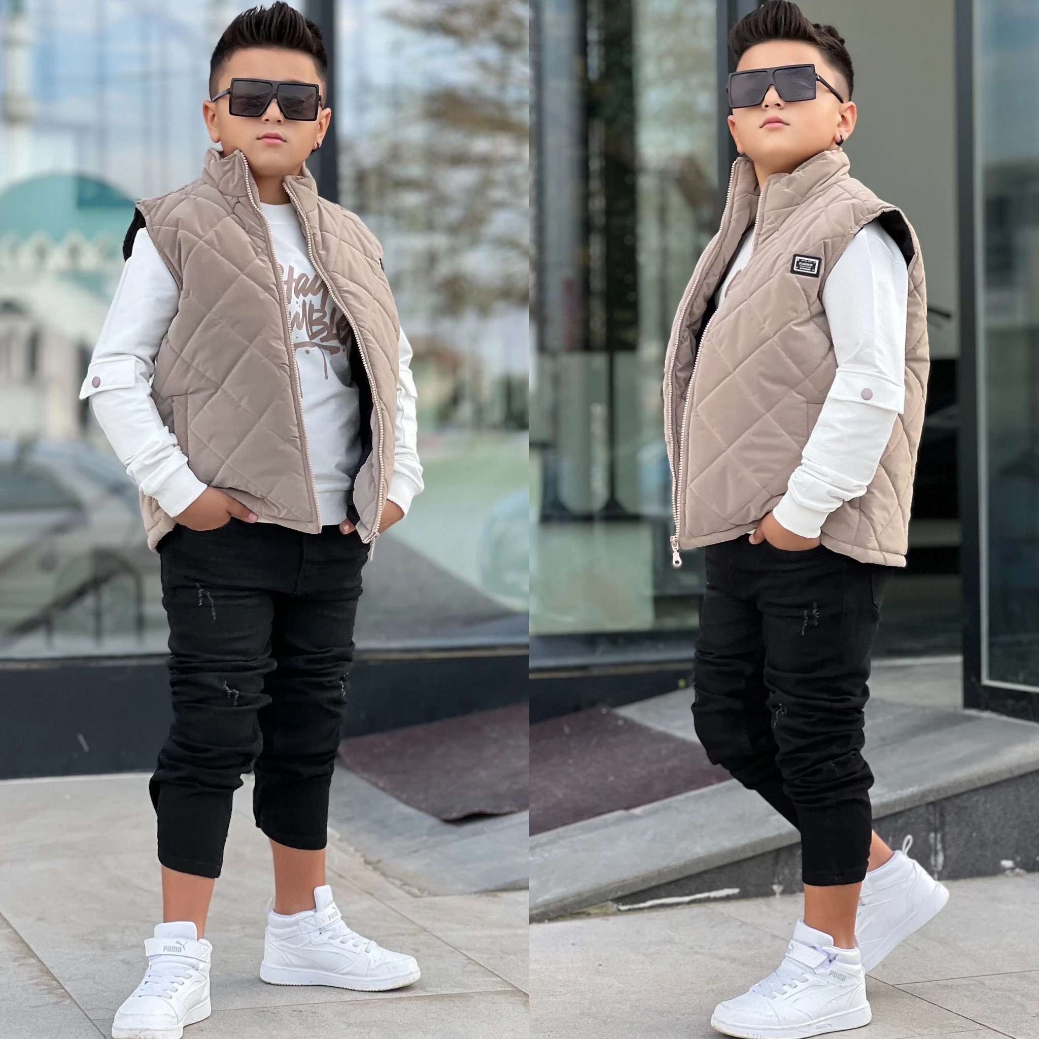 Erkek Çocuk Kot Pantolon, Body ve Yelek 3 Lü Takım - krem