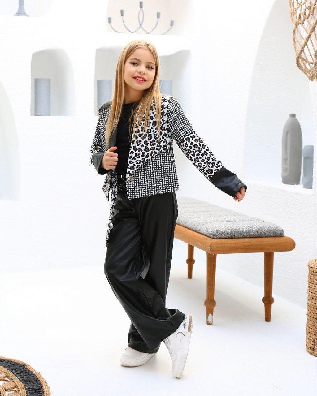 Kız Çocuk Kazayağı Deri Ceketli 4 Parça Takım
