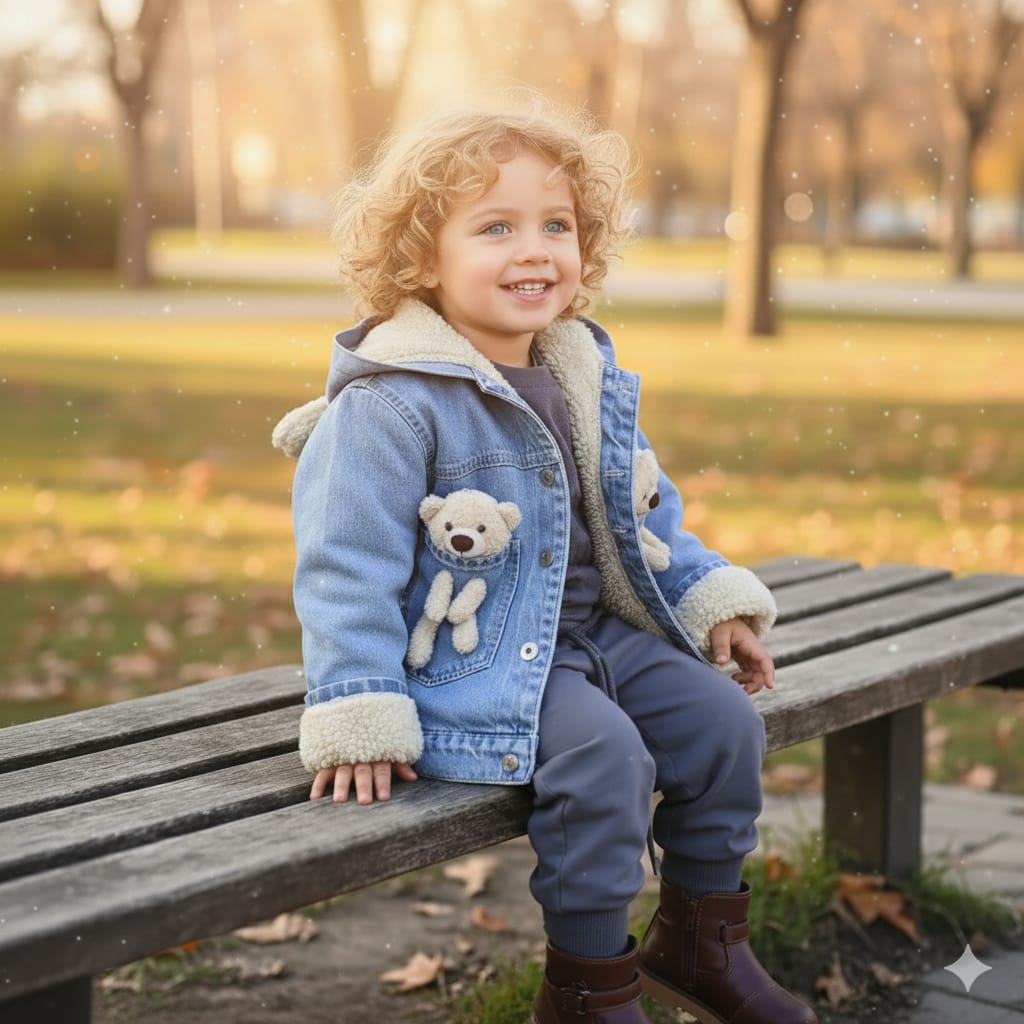 Unisex Ayıcık Detaylı Kot Mont