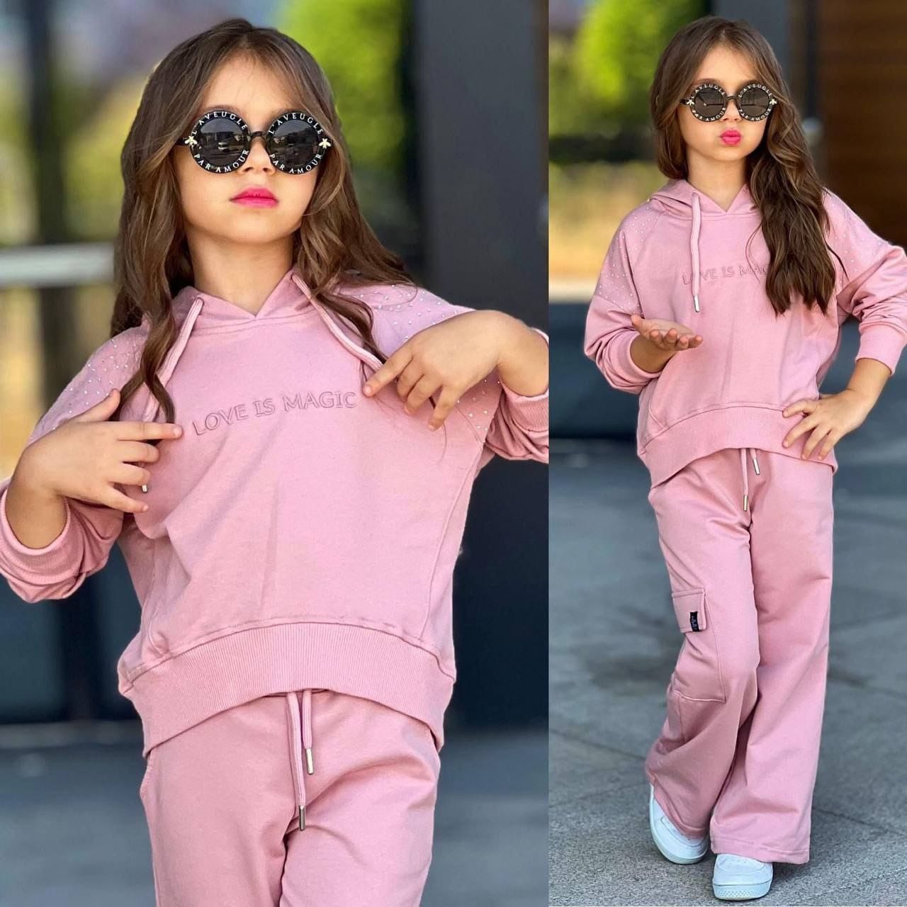 Kız Çocuk Love İs Magıc Kapüşonlu Taşlı Takım - Pembe