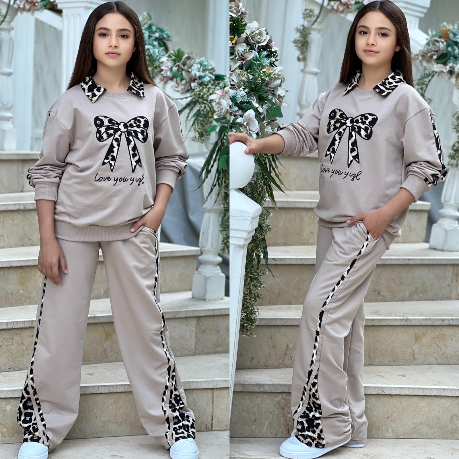 Kız Çocuk Fiyonklu Leoparlı Desenli Alt Üst Takım