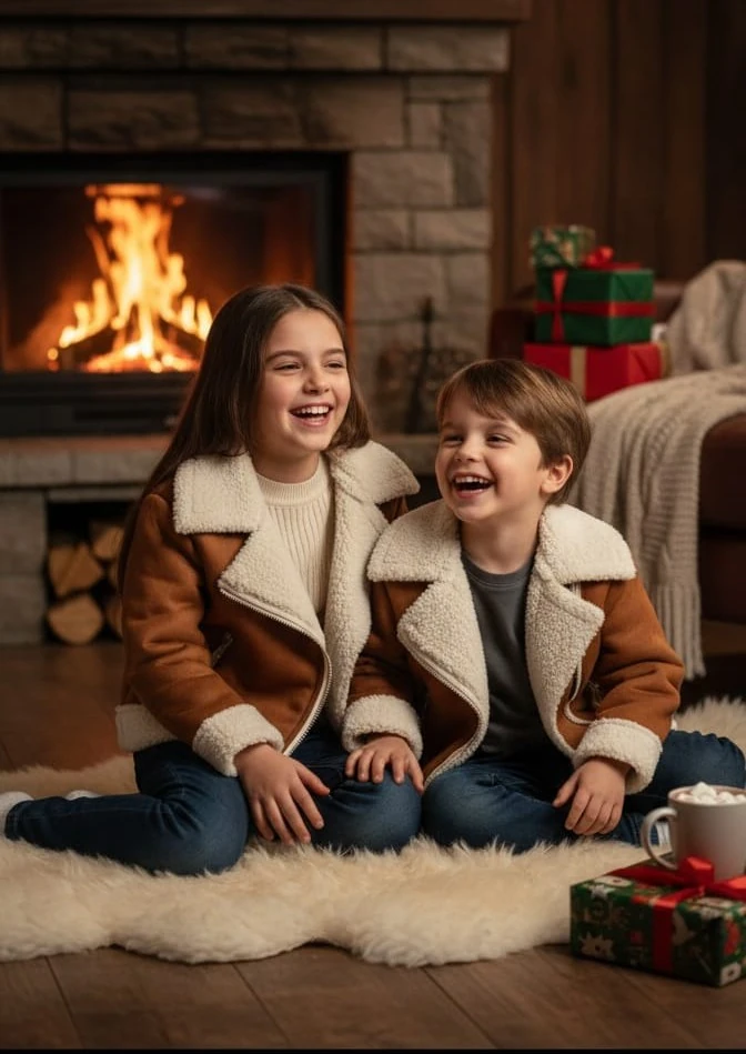 Kız Ve Erkek  Çocuk Yandan Fermuarlı Kahverengi Süet Ceket