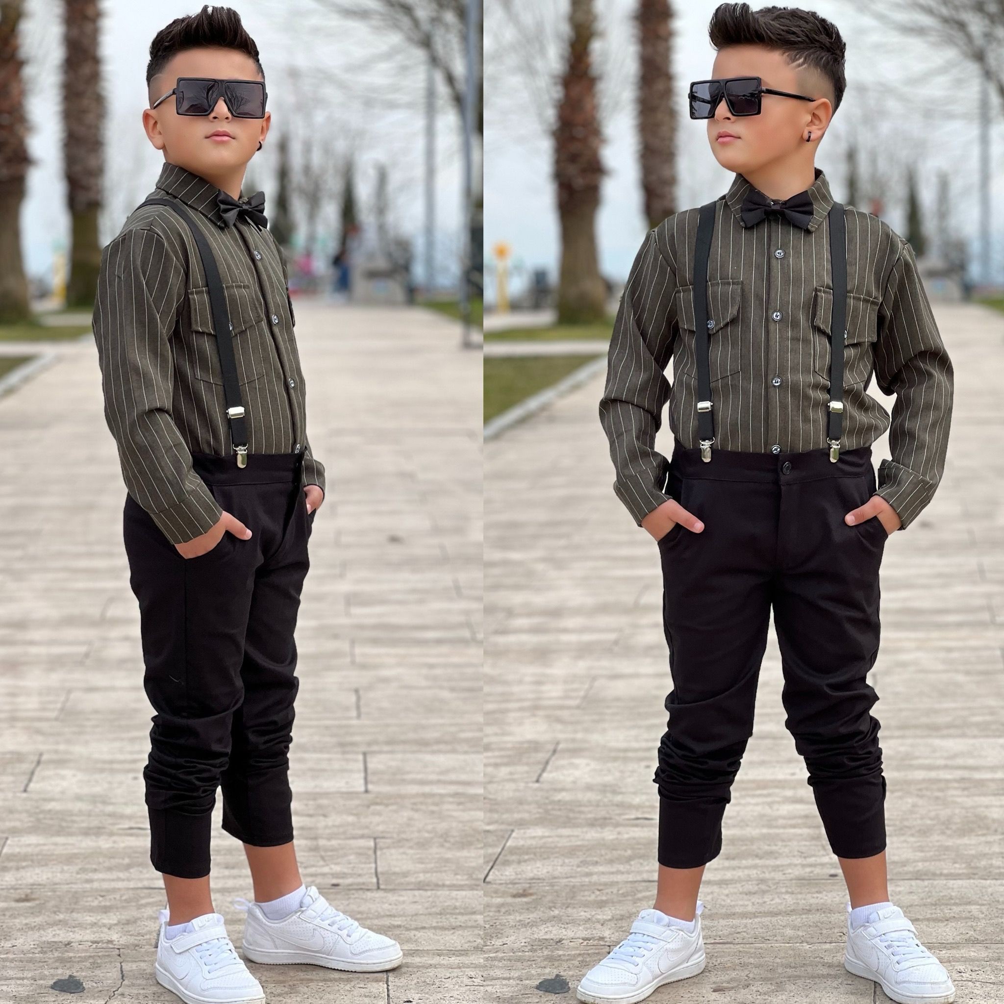 Erkek Çocuk Gömlek Pantolon Askı ve Papyon 4 Parça Takım