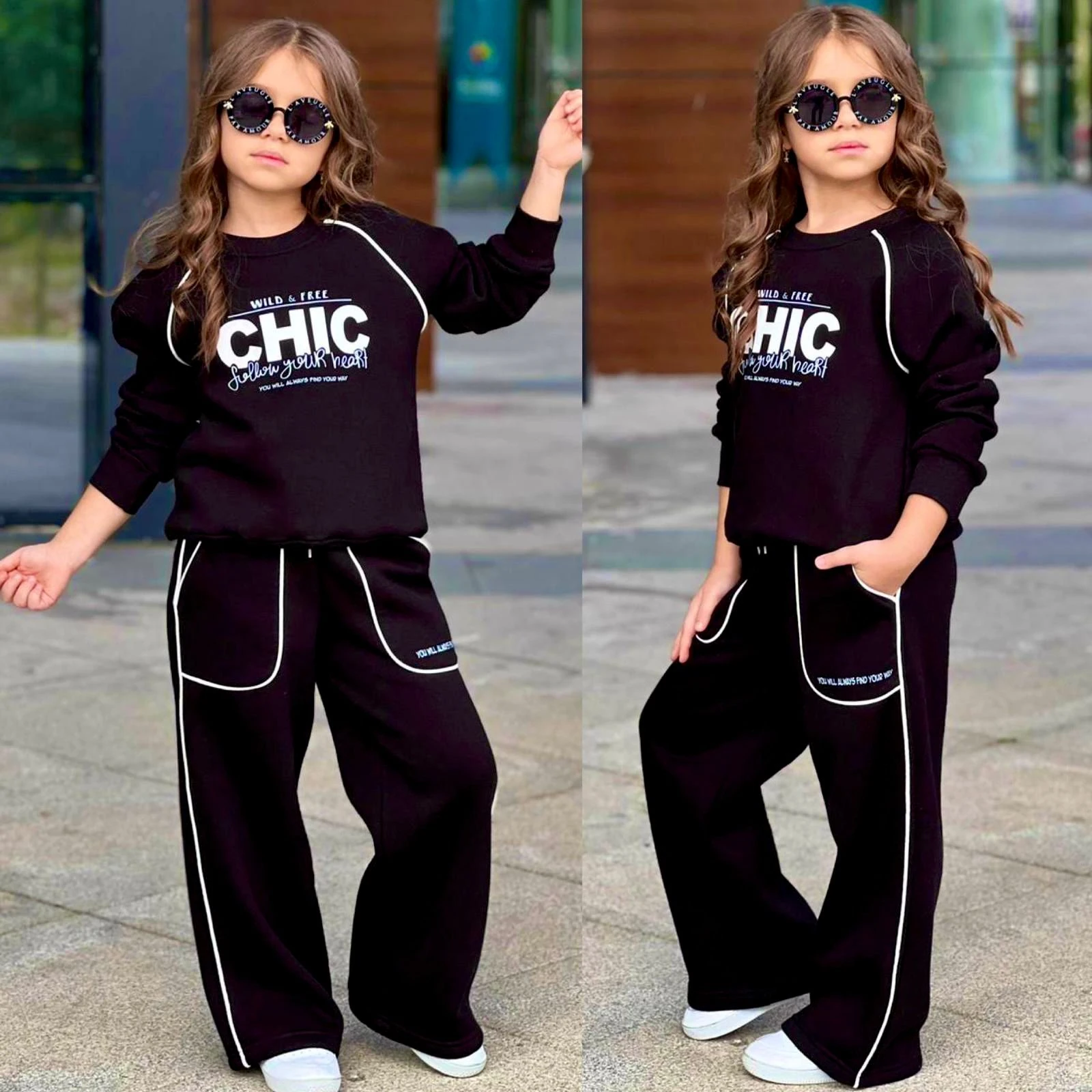 Kız Çocuk Şeritli Kapüşonlu 3 İp Takım