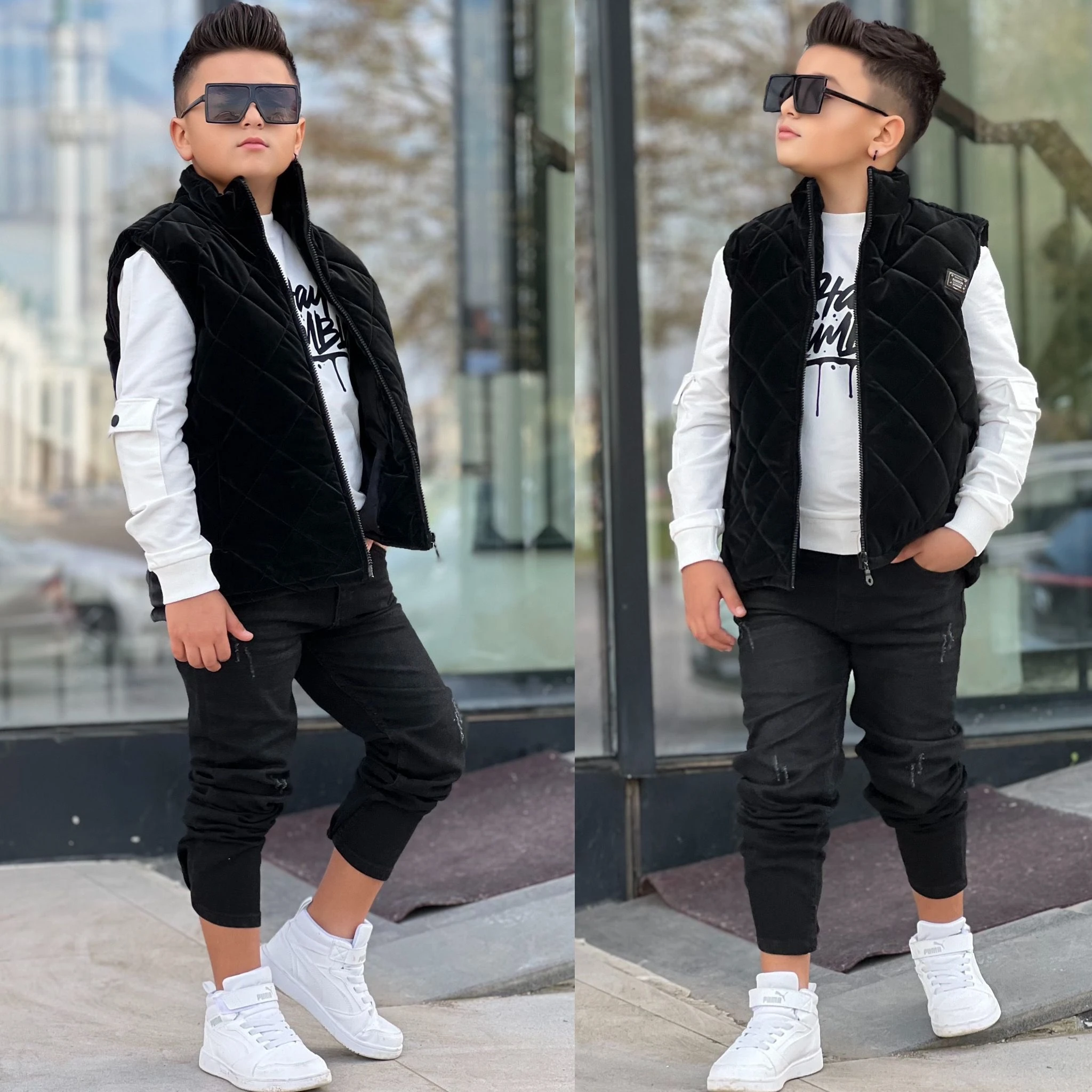 Erkek Çocuk Kot Pantolon, Body ve Yelek 3 Lü Takım - Siyah