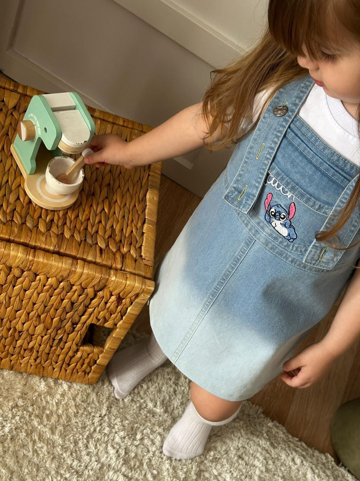 Kız Çocuk Stitch Nakışlı Tişörtlü Salopet 2'li Takım