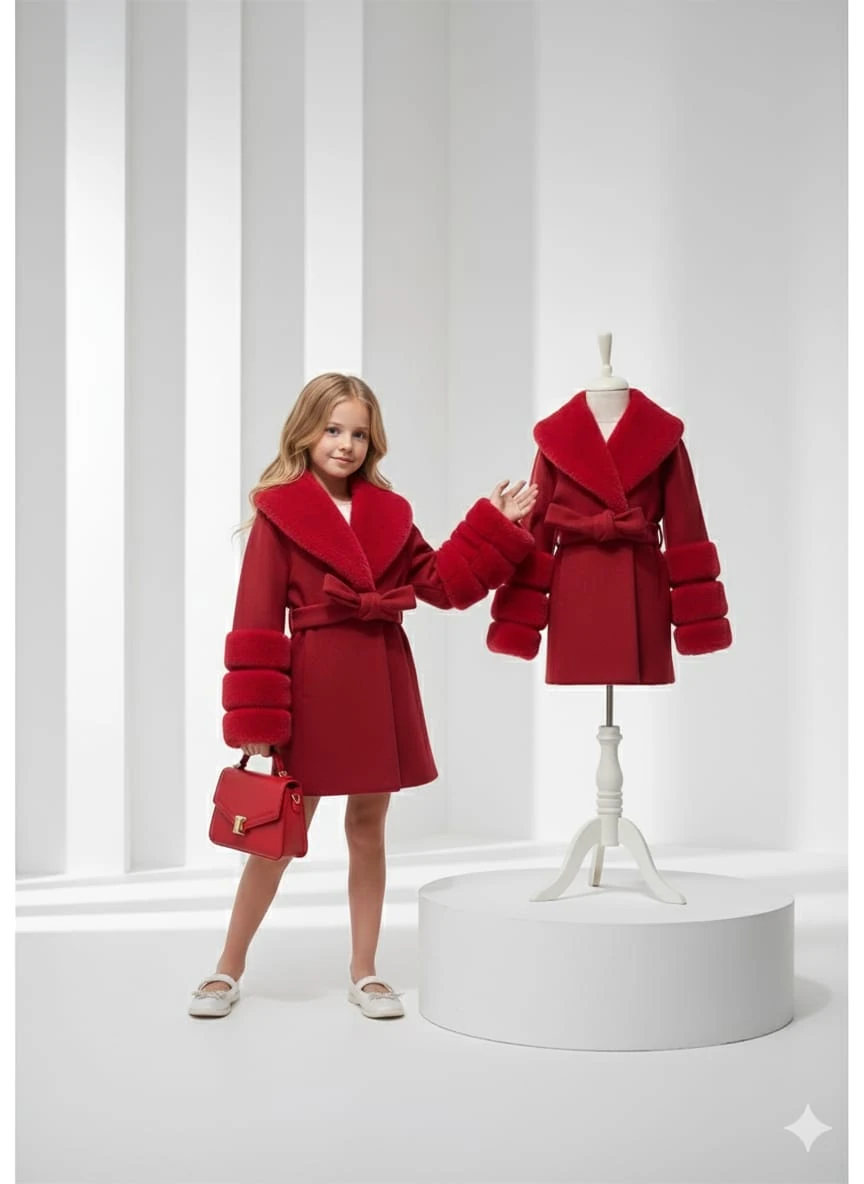 Kız Çocuk Kırmızı Kaşe Kaban