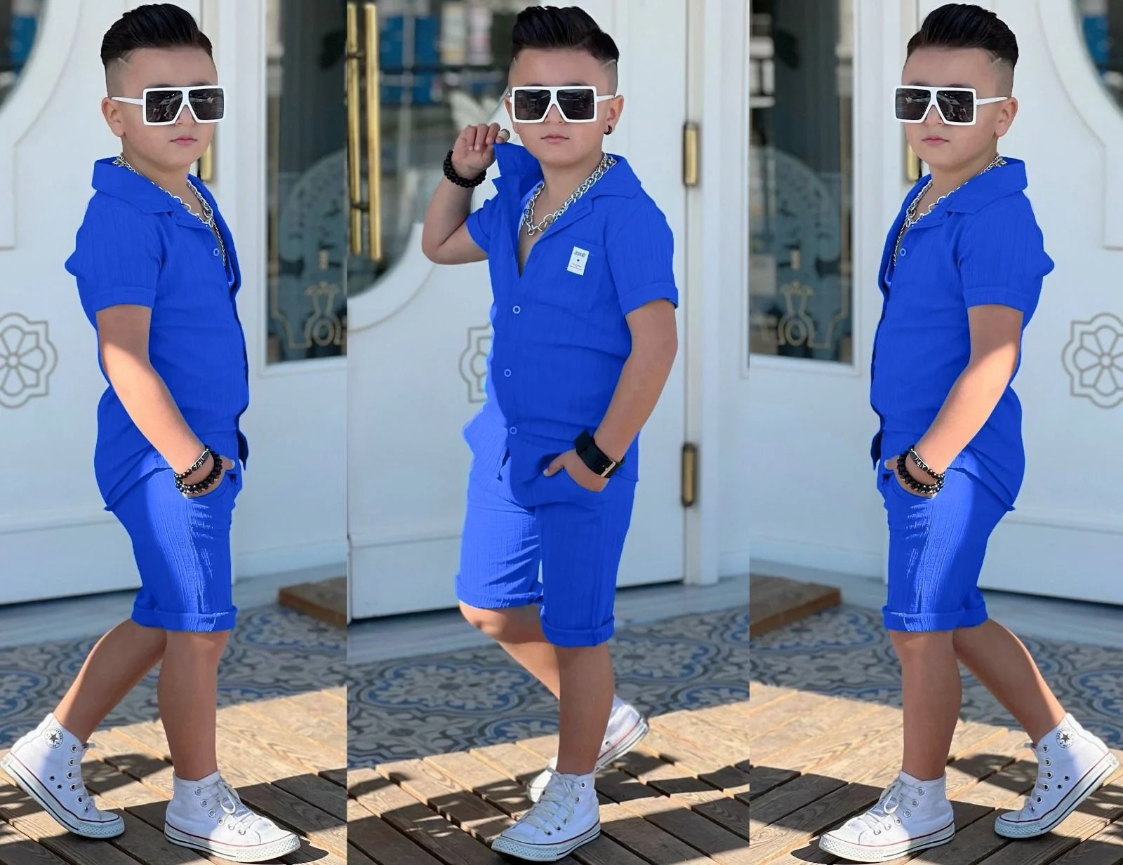 Erkek Çocuk Koyu Mavi Müslin Şortlu Takm