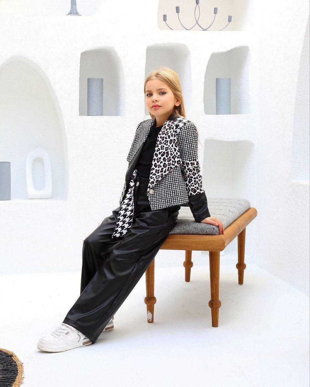 Kız Çocuk Kazayağı Deri Ceketli 4 Parça Takım