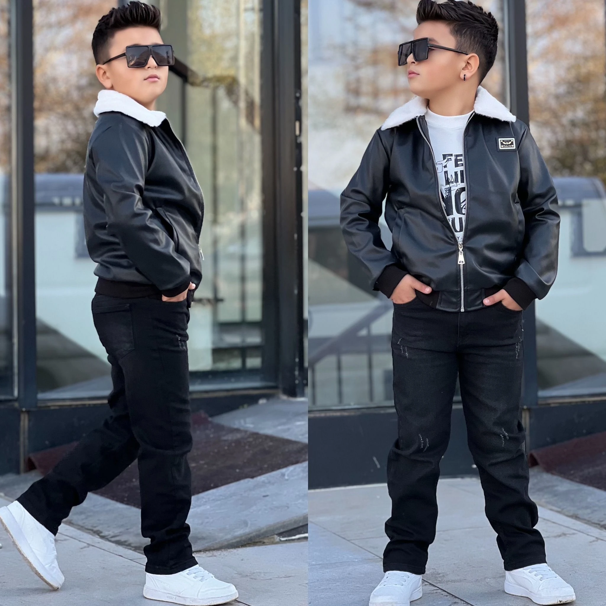 Erkek Çocuk Deri Ceketli Takım - Siyah