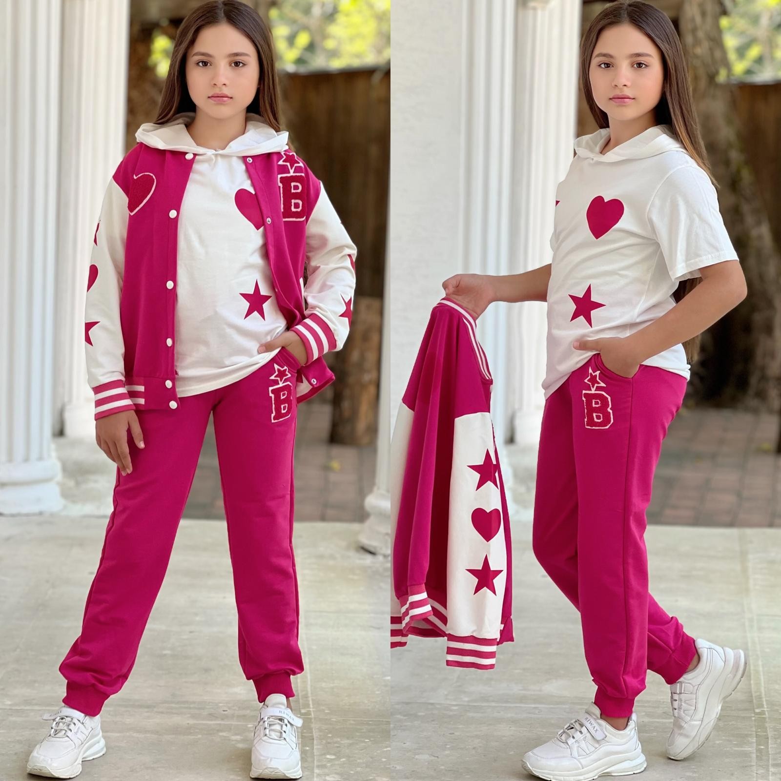 Kız Çocuk Kalpli 3 Lü Takım - Pembe