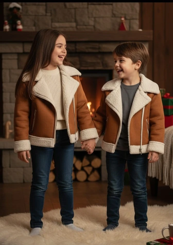 Kız Ve Erkek  Çocuk Yandan Fermuarlı Kahverengi Süet Ceket