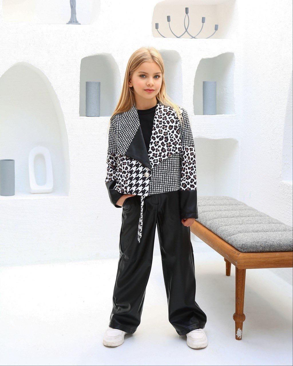 Kız Çocuk Kazayağı Deri Ceketli 4 Parça Takım