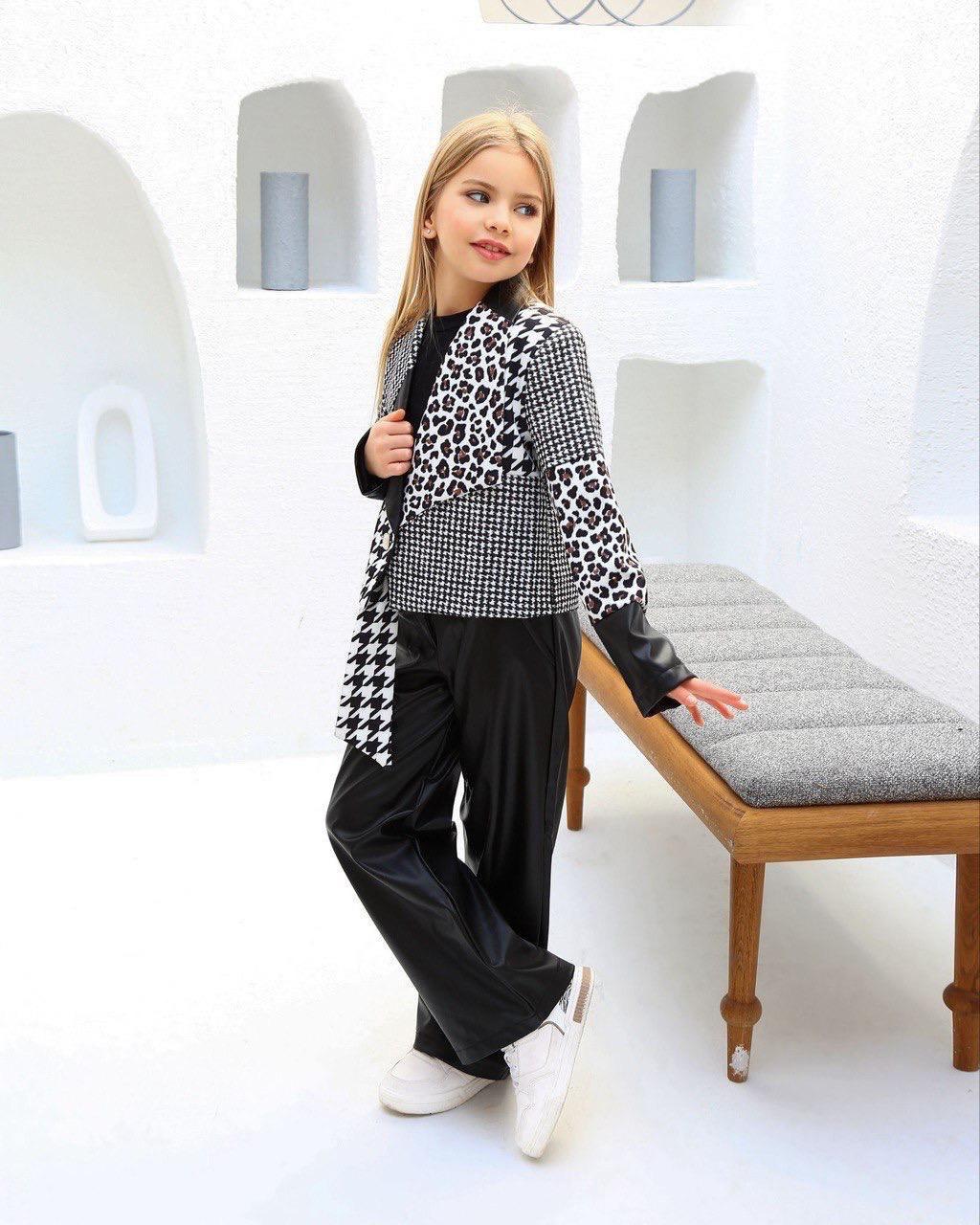 Kız Çocuk Kazayağı Deri Ceketli 4 Parça Takım