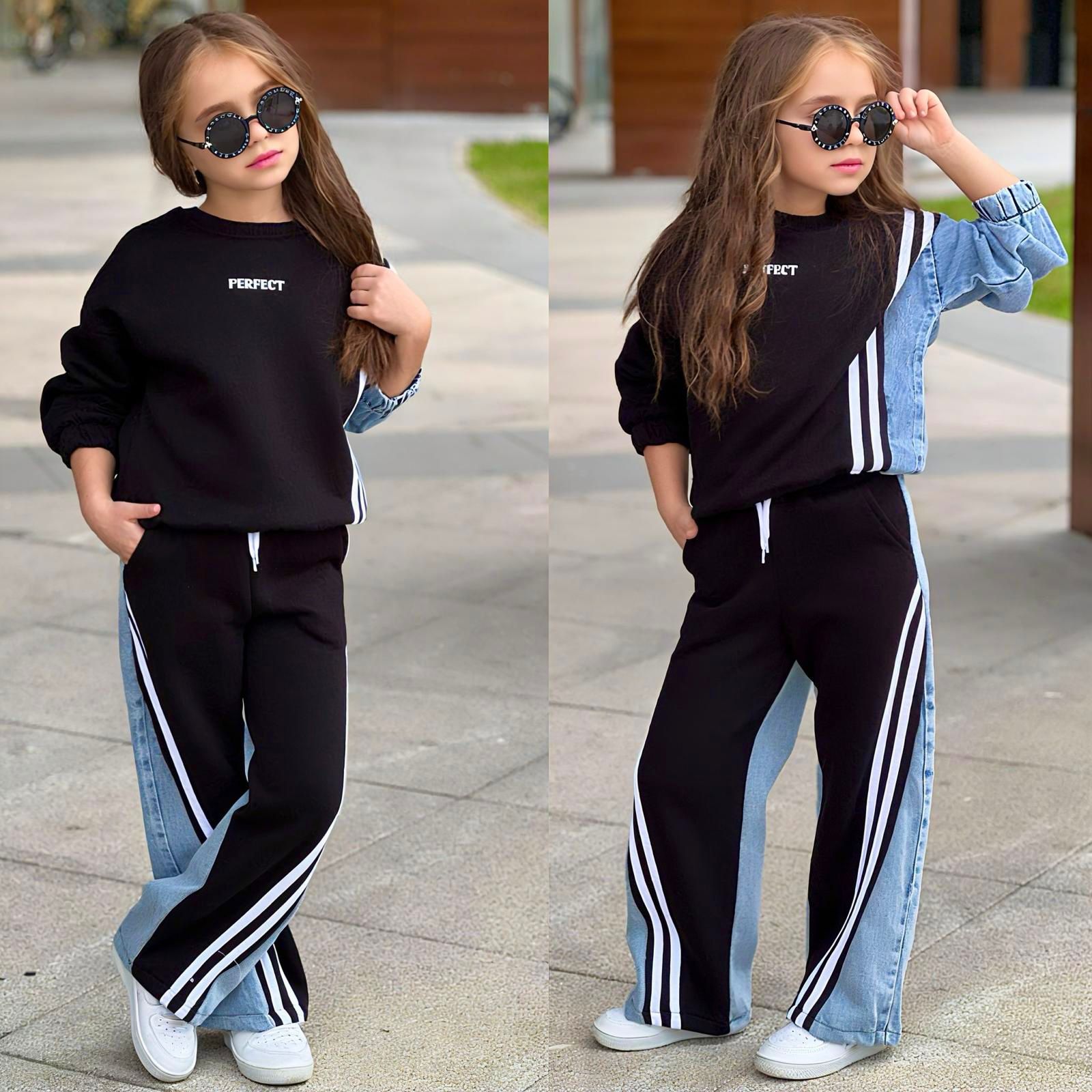 Kız Çocuk Perfect Kot Garnili Şeritli Kız Takım - Siyah