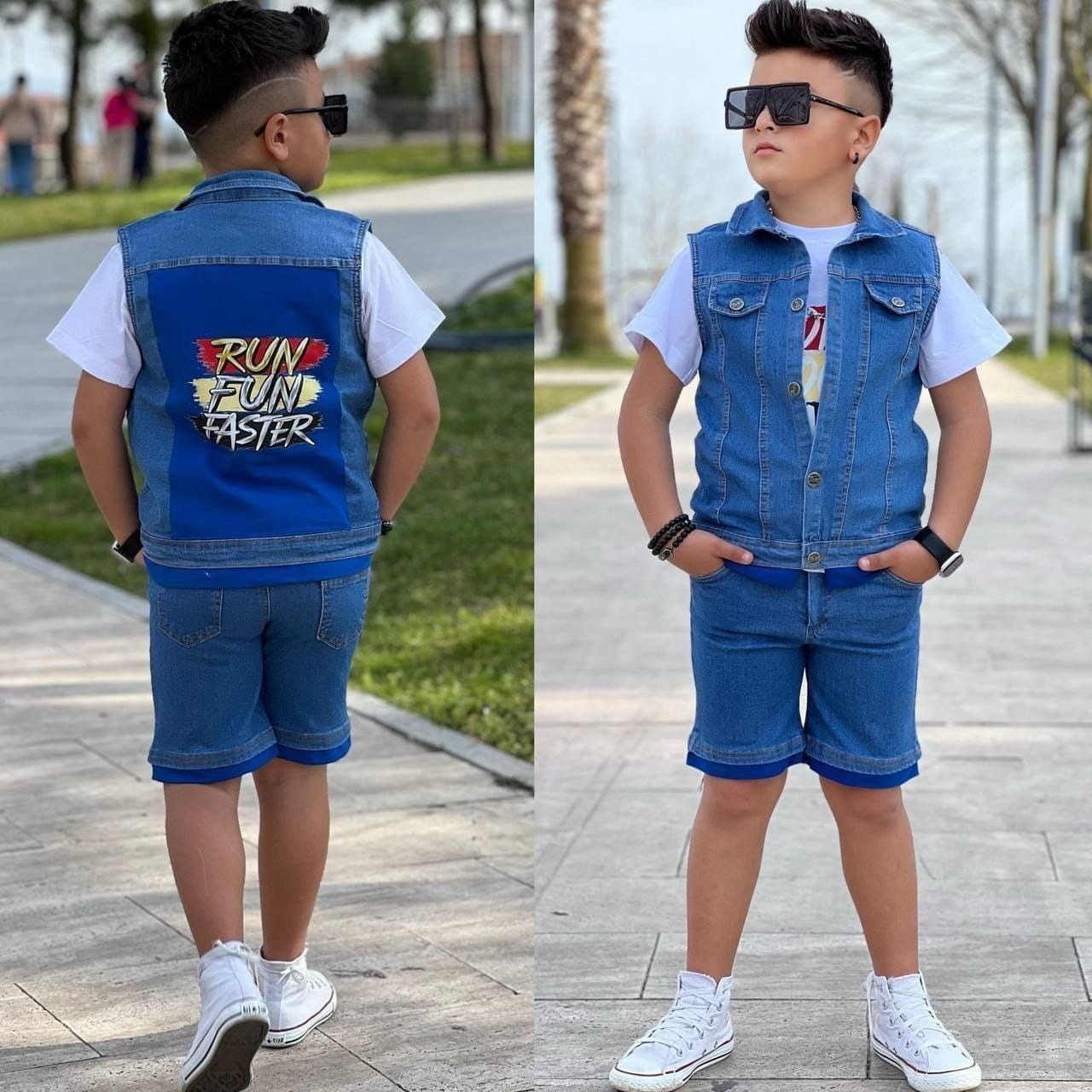 Erkek Çocuk Kot Yelek Şort ve 2 İp Bady 3 Lü Takım