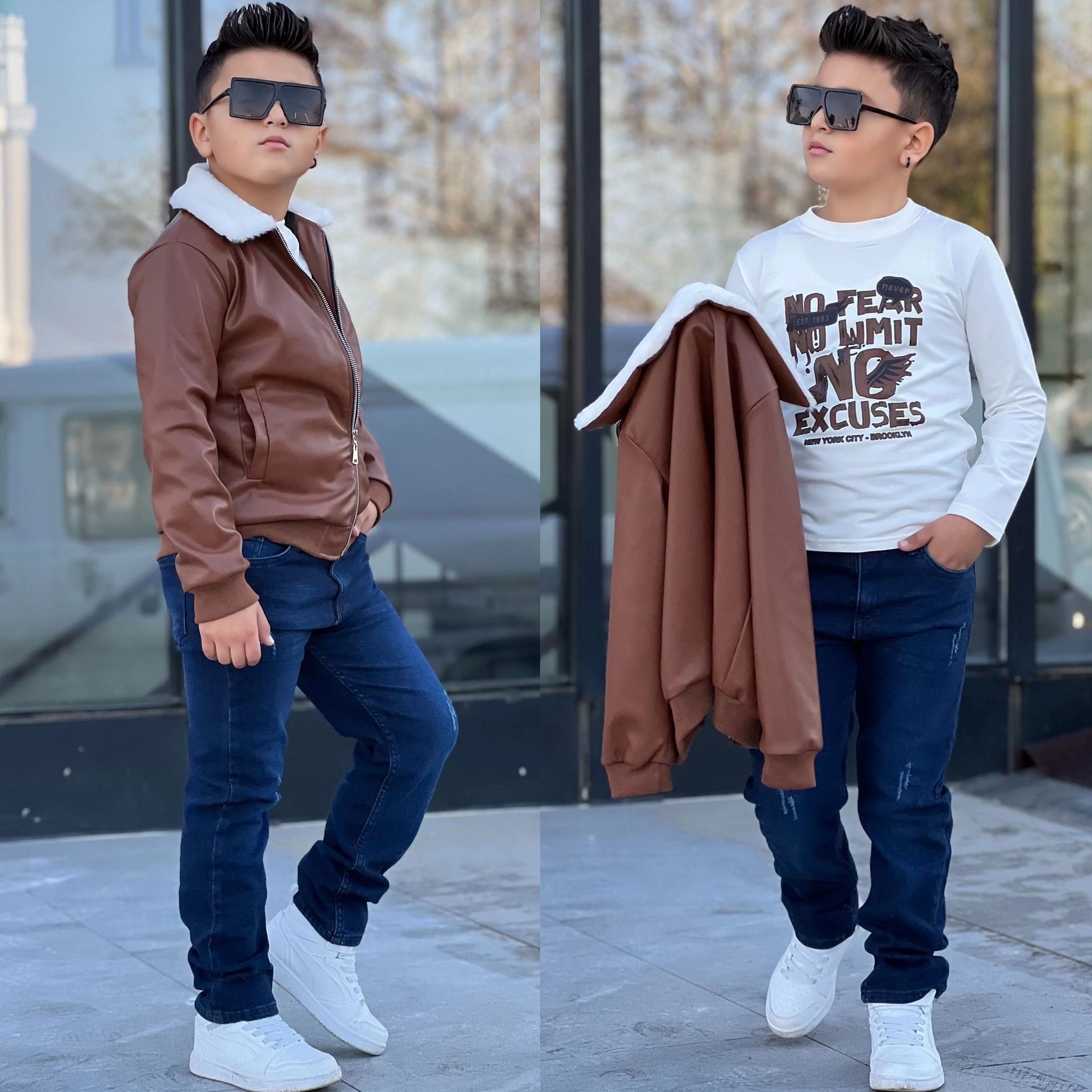 Erkek Çocuk Deri Ceketli Takım