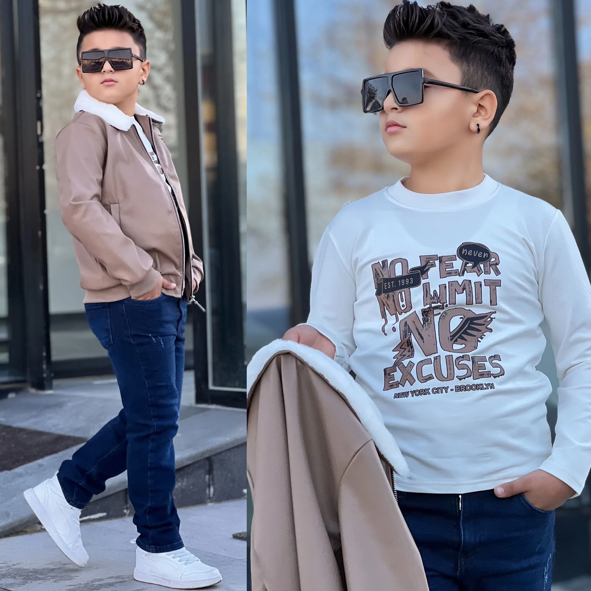 Erkek Çocuk Deri Ceketli Takım - krem