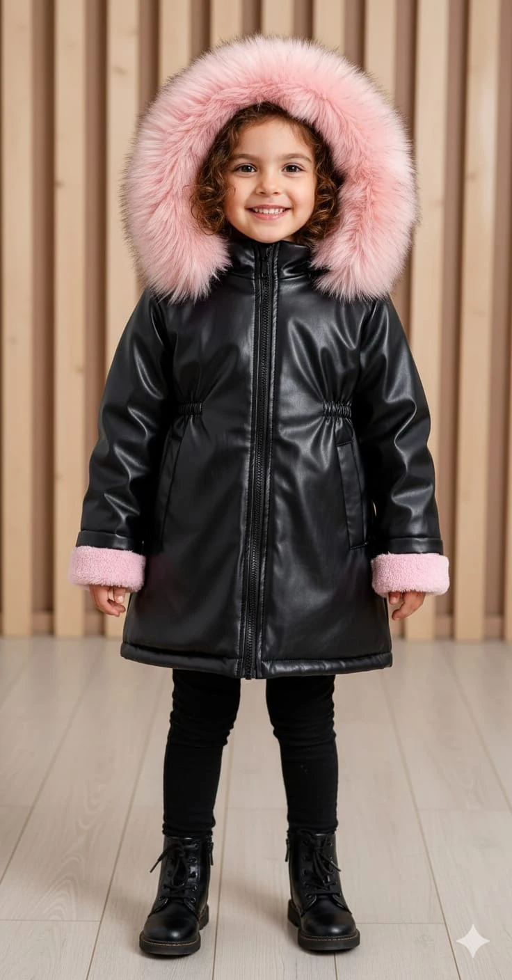 Kız Çocuk İçi welsoft  Kumas Kapşonu İthal Kürk Dışı Deri Mont Kaban