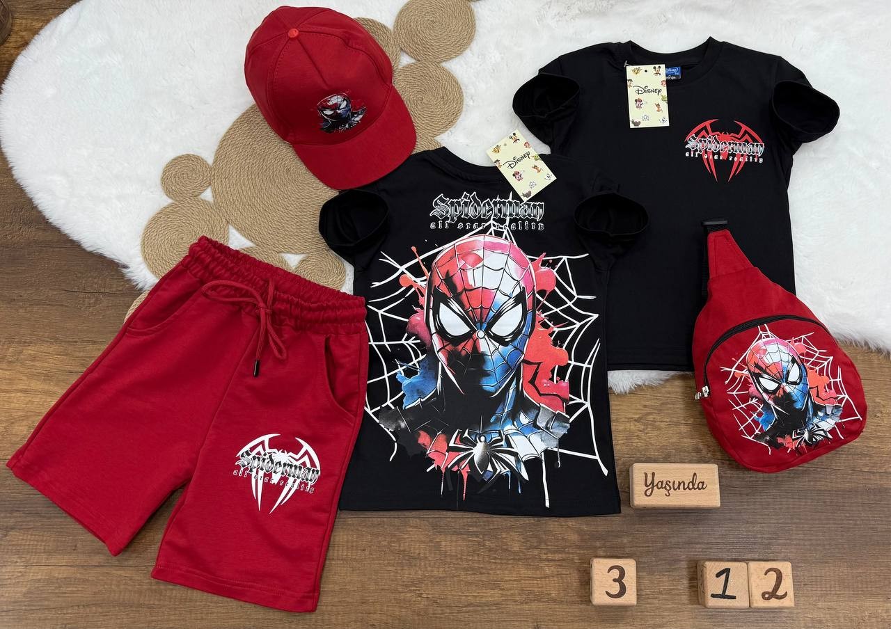 Erkek Çocuk Spiderman Şortlu Çantalı ve Şapkalı 4 Parça Takım - kırmızı