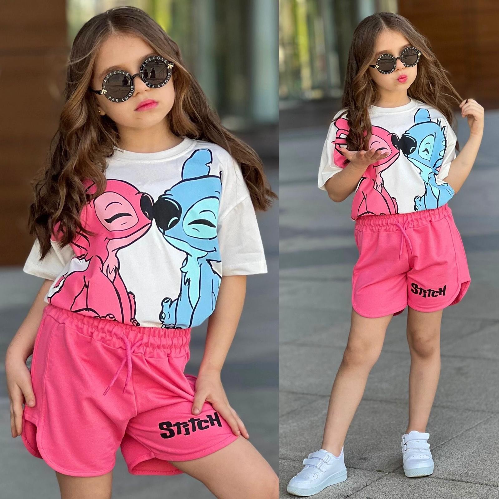 Kız Çocuk  Sitich Şortlu Kız Takım - Pembe