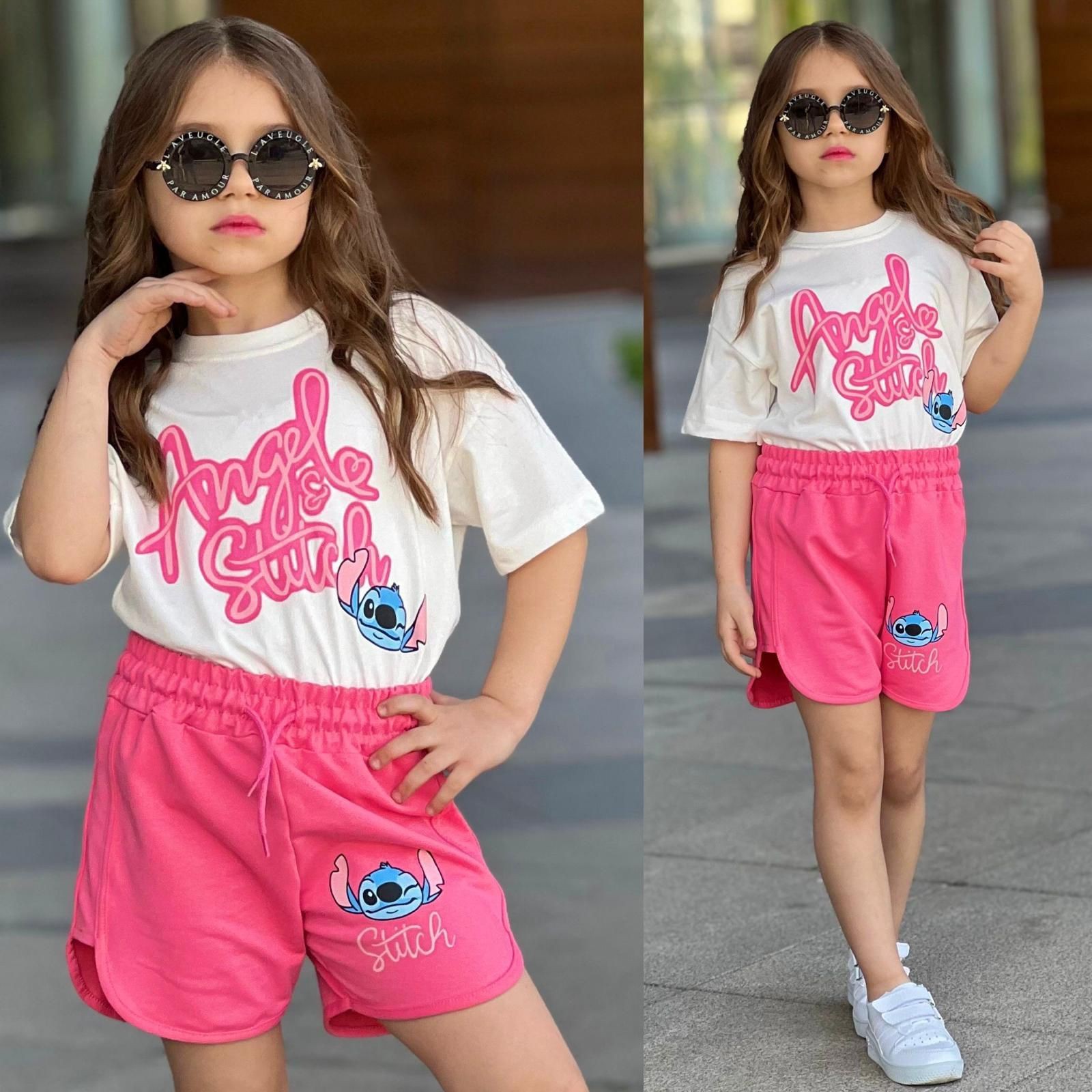 Kız Çocuk Angel Stitch Şortlu Takım - Pembe
