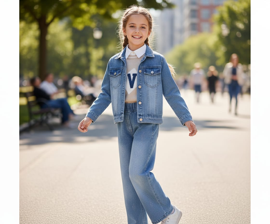 Kız Çocuk Kot Takım 4 Parça - krem