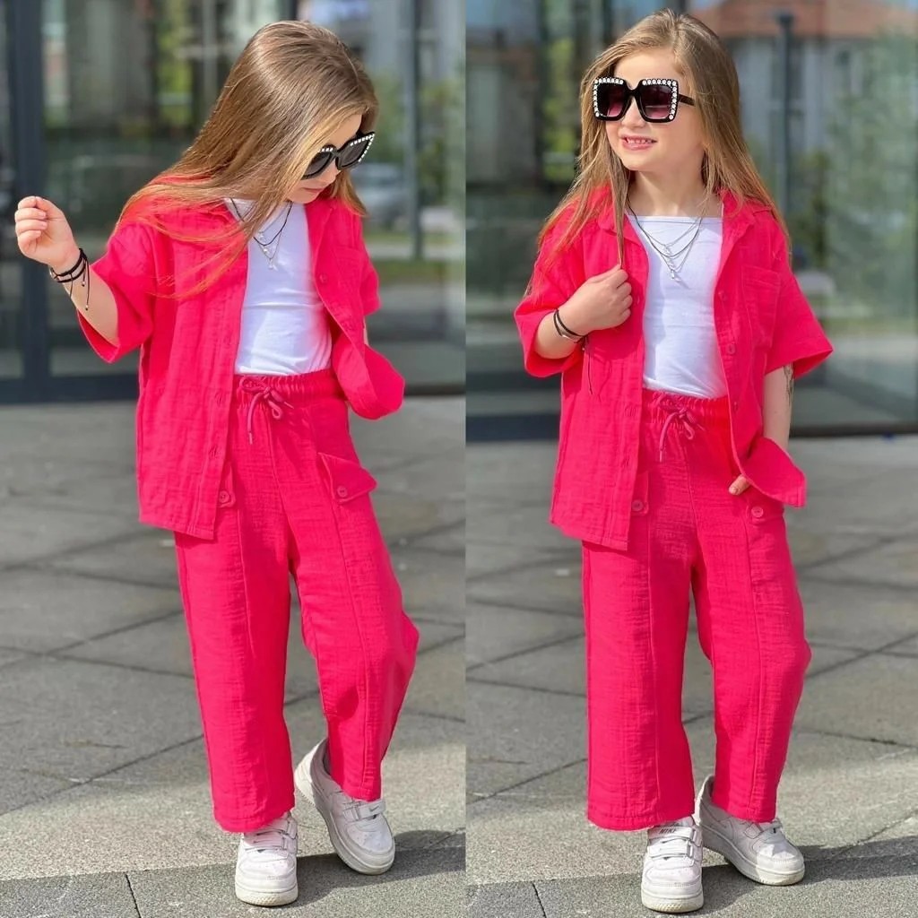 Kız Çocuk Pembe Müslin Gömlek ve Pantolon Takımı