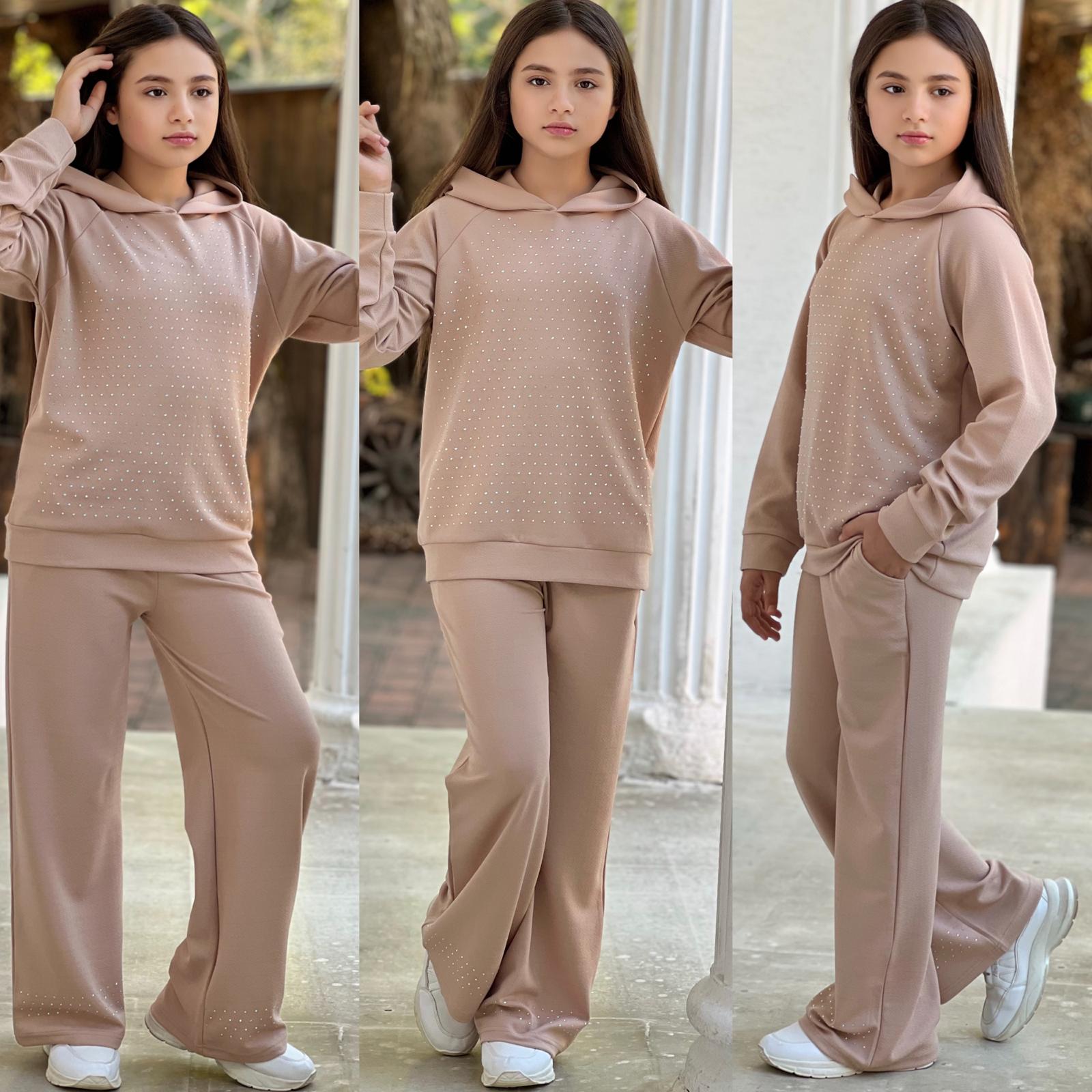 Kız Çocuk Çakıltaşı Kumaş 2 Li Takım - Kahverengi