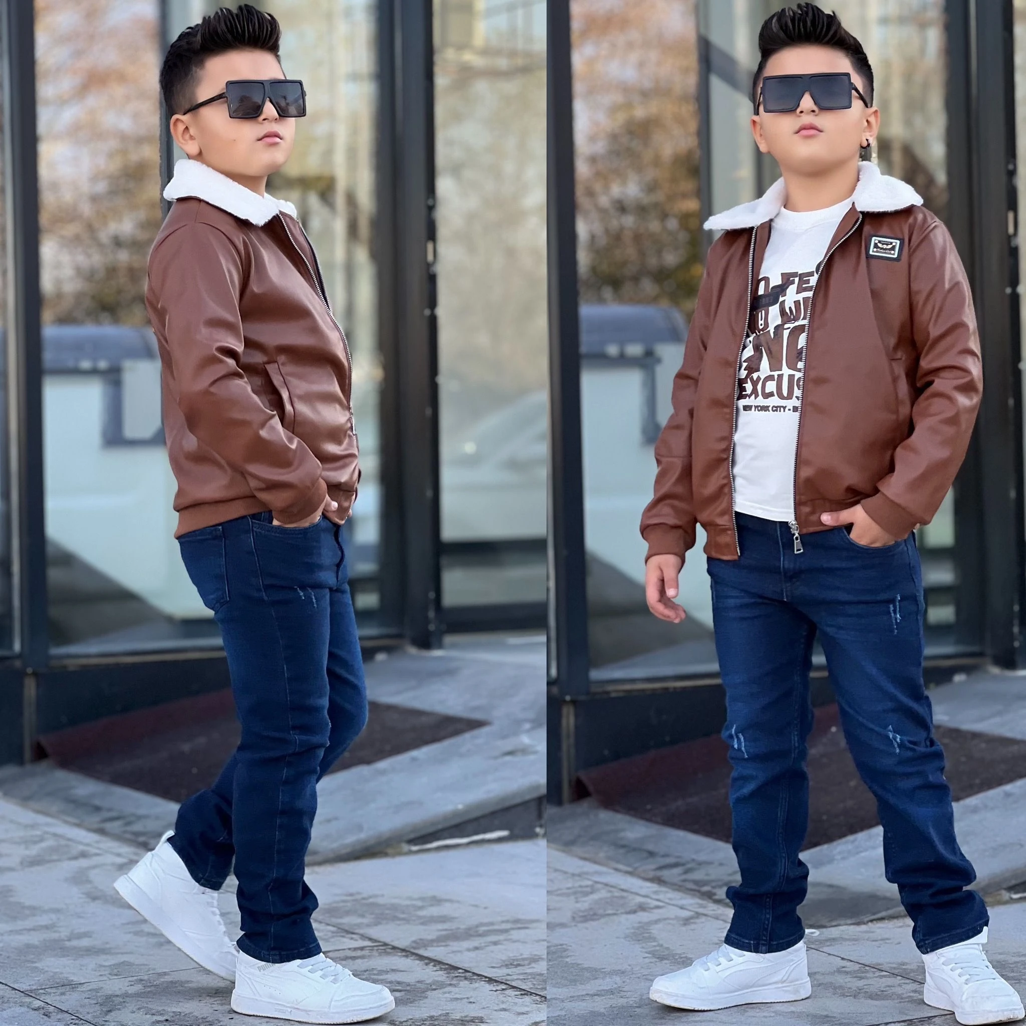 Erkek Çocuk Deri Ceketli Takım - Kahverengi