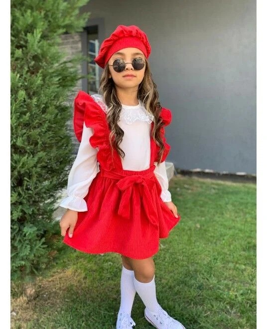 Kız Çocuk Salopet Kadife Takım Elbise 3 Parça kırmızı