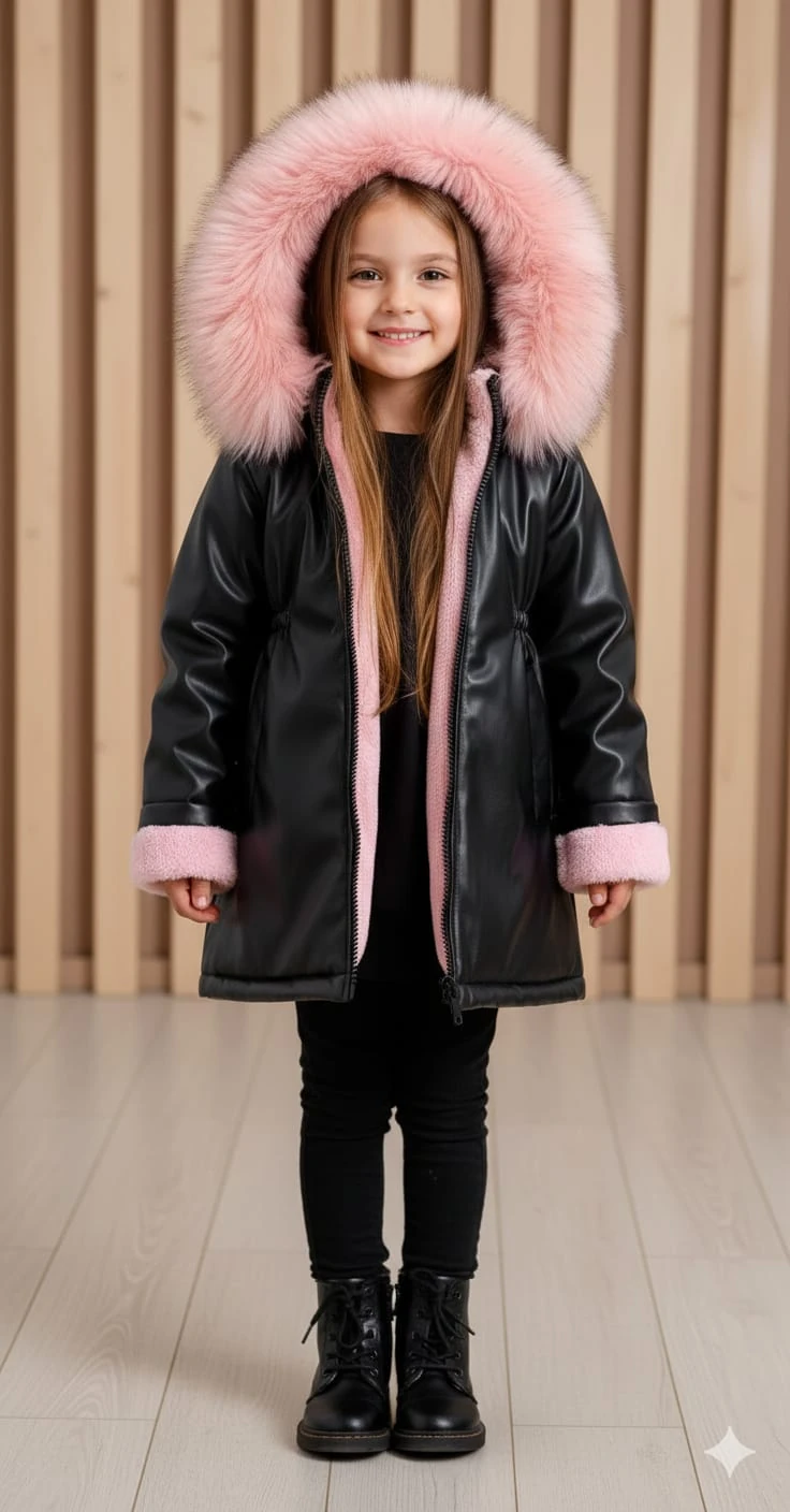 Kız Çocuk İçi welsoft  Kumas Kapşonu İthal Kürk Dışı Deri Mont Kaban