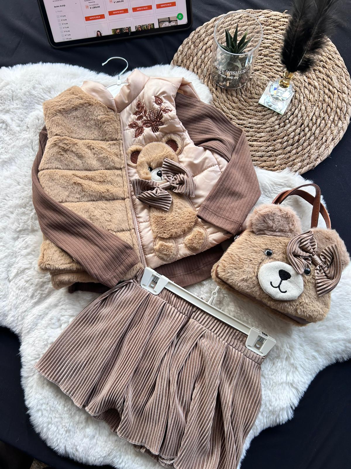 Kız Çocuk Etek Bady Yelek Çanta 4 Lü Takım - Kahverengi