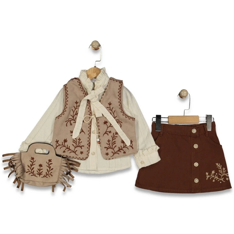Kız Çocuk Yelekli Çantalı Takım 4 Parça - Kahverengi