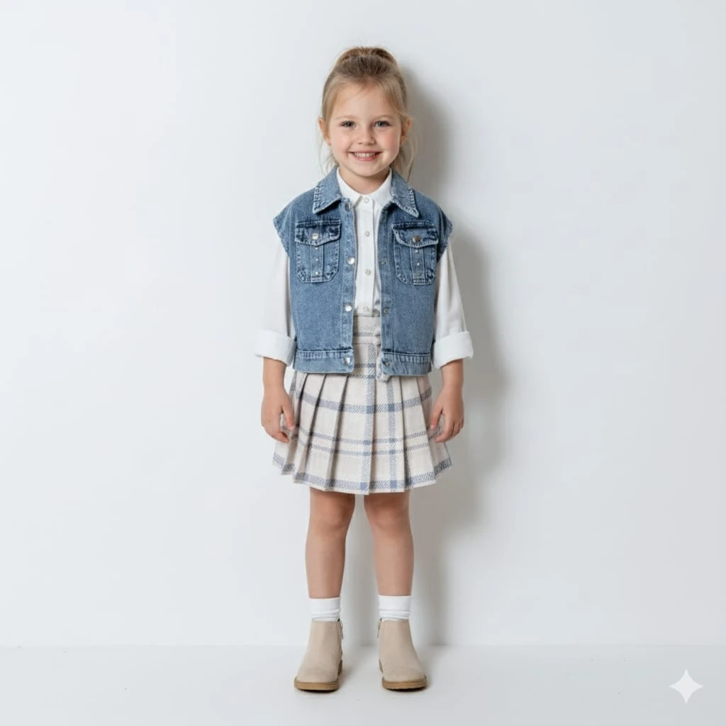 Kız Çocuk Kot Yelekli Takım