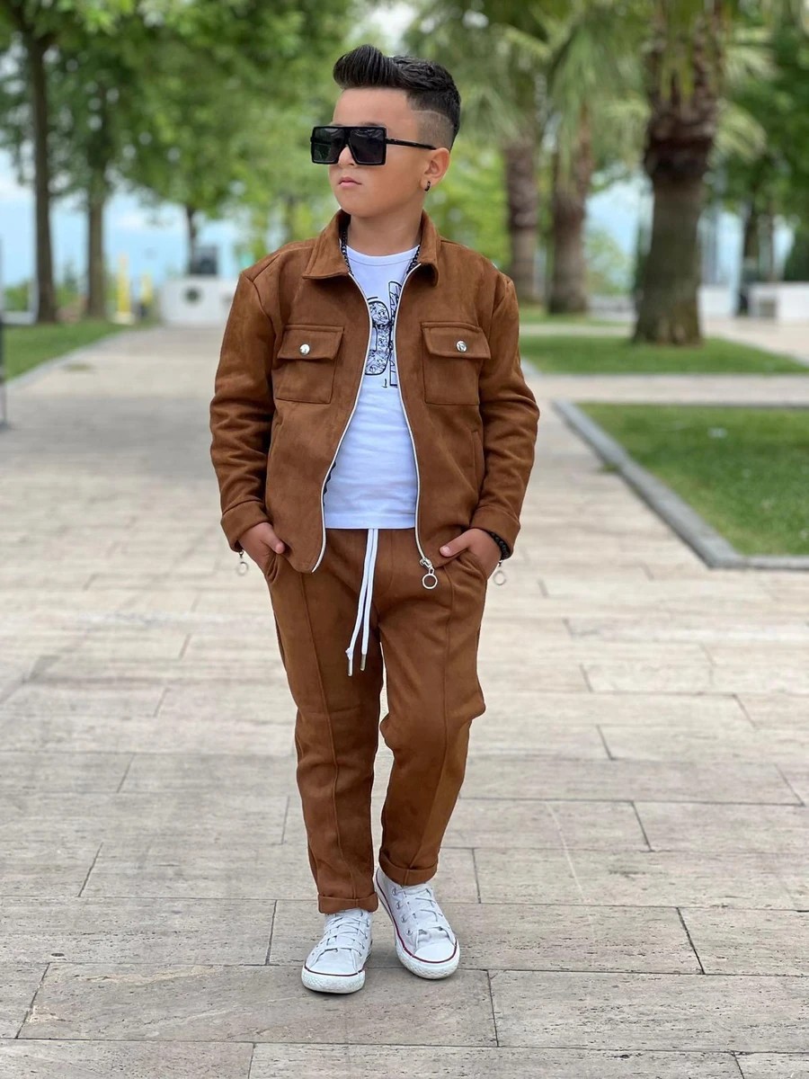 Erkek Çocuk Çıtçıtlı Süet 3 Parca Set