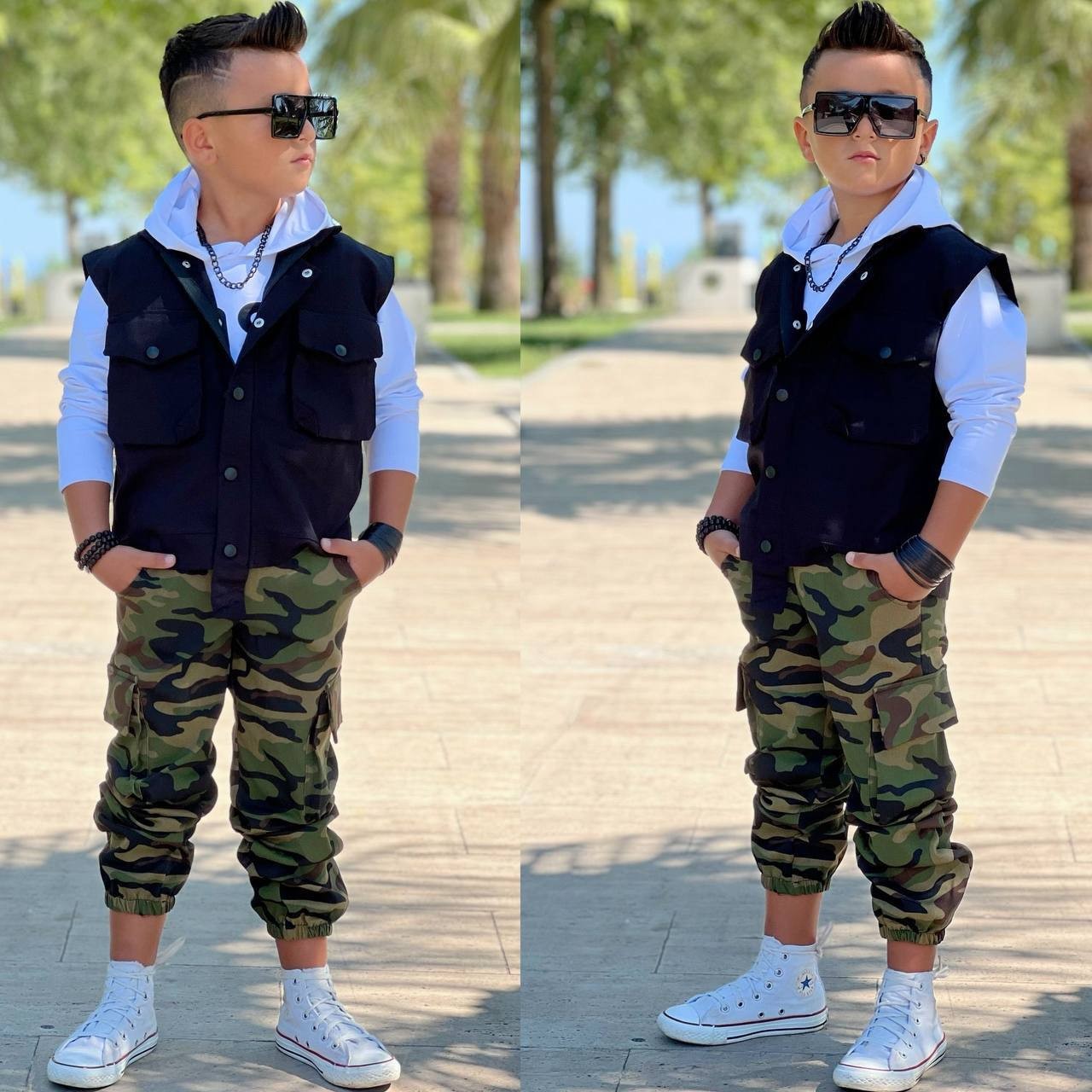 Erkek Çocuk Kamuflaj Pantalonlu Yelekli 3 Lü Takım